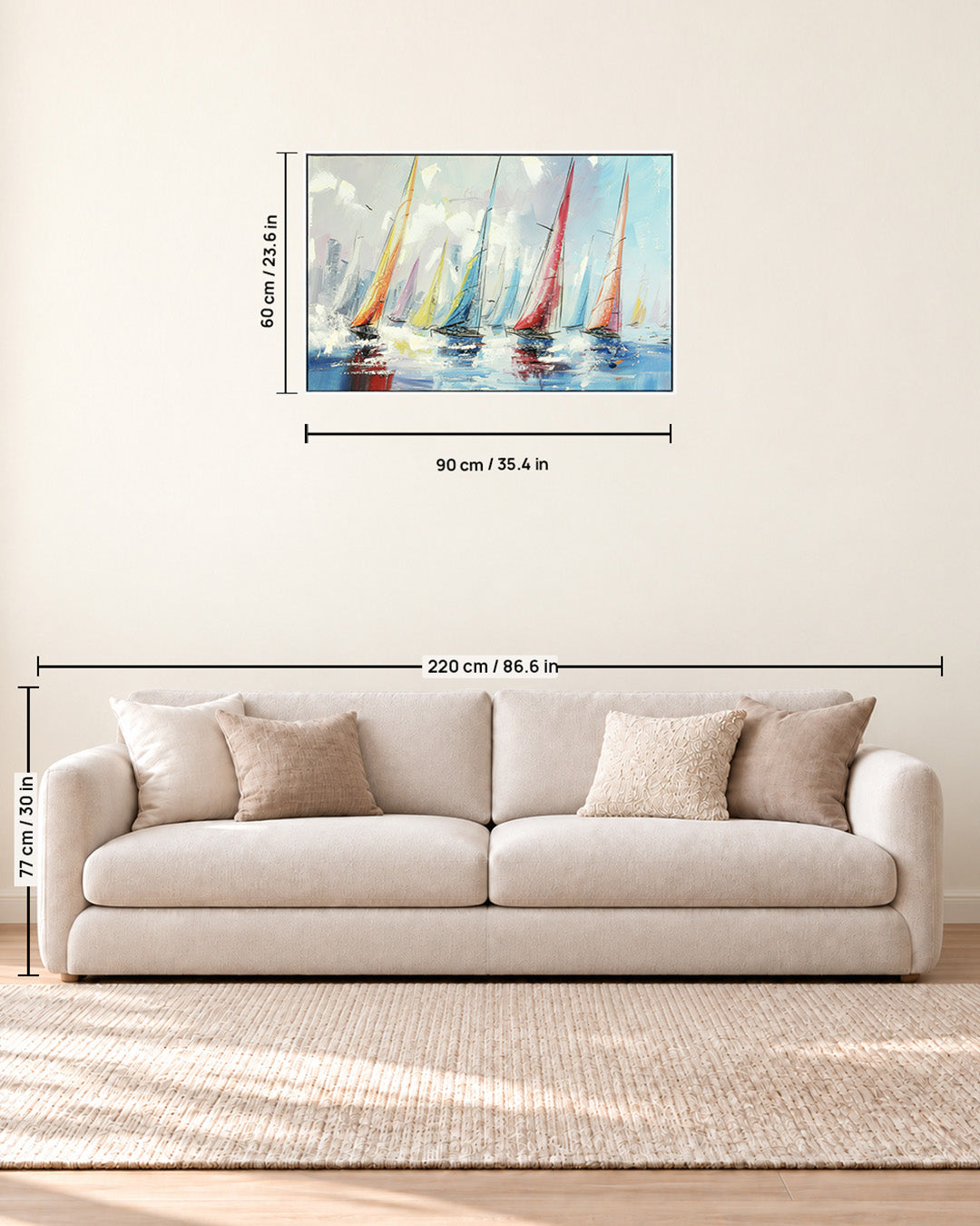 Chasing Horizons sailing boat resin wall art size guide above a sofa