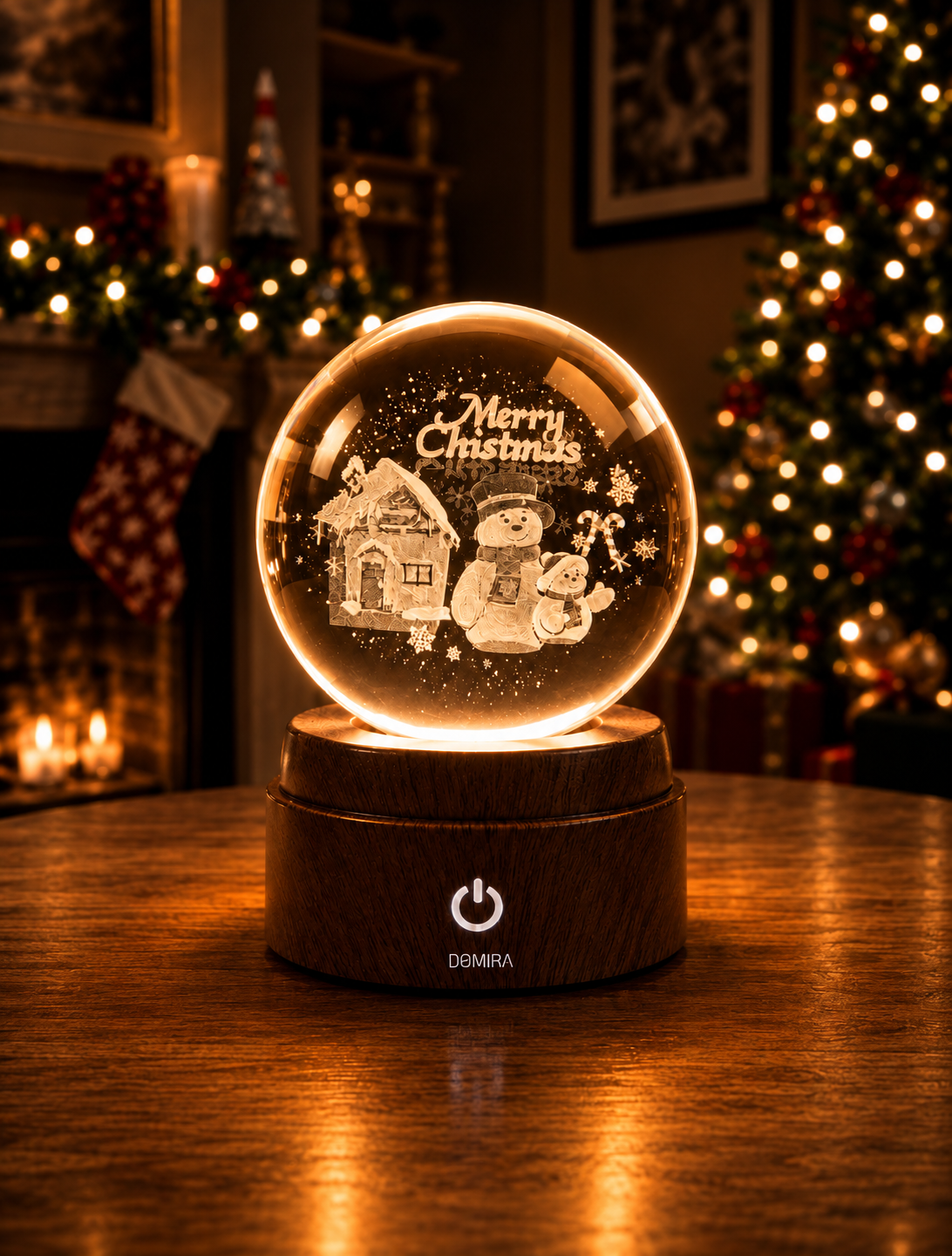 A Snowy Christmas crystal globe glowing warm amber