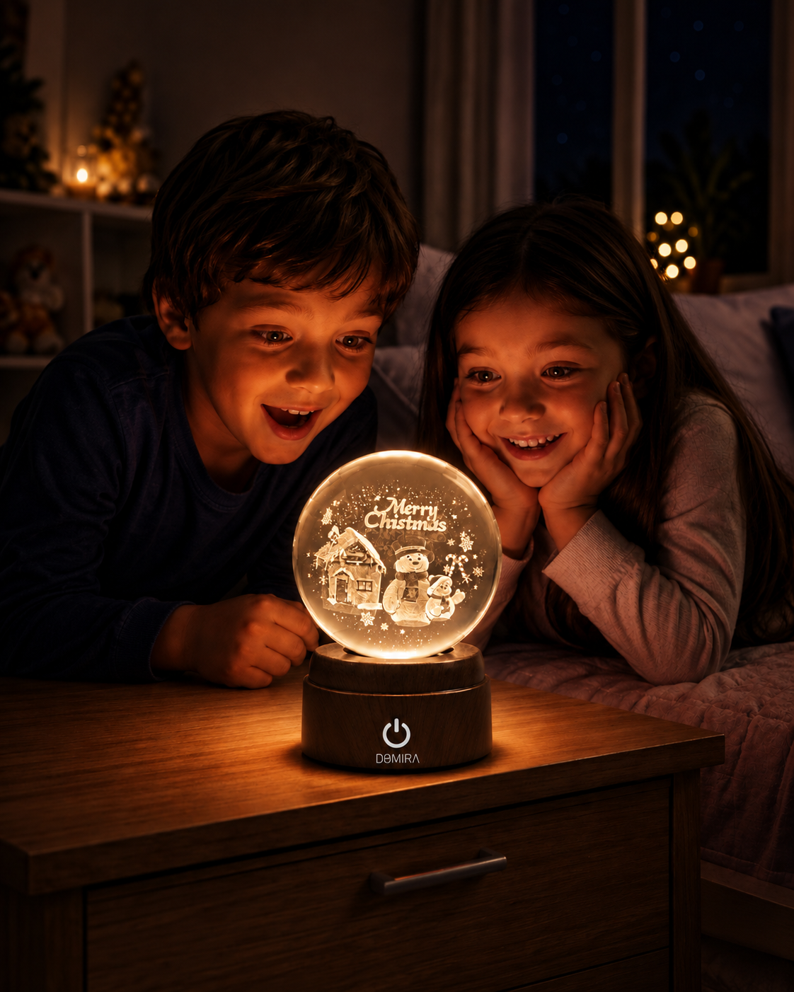 Two children admiring the A Snowy Christmas crystal globe