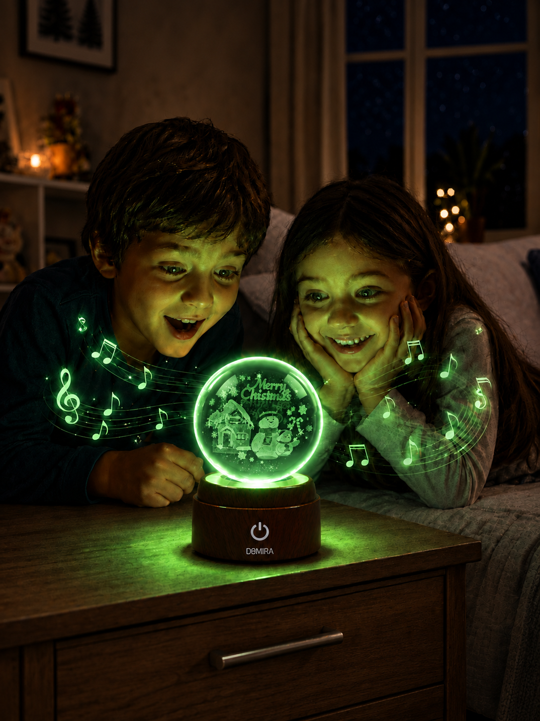 Two children enjoying the A Snowy Christmas crystal globe as the Christmas jingle plays