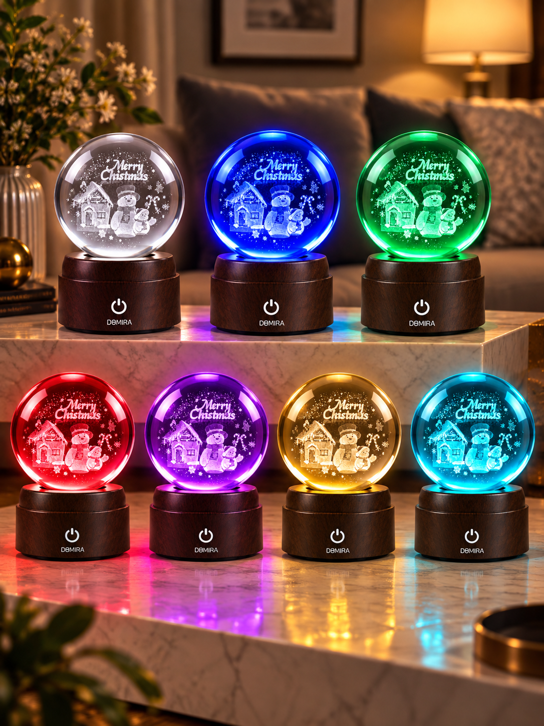 A Snowy Christmas crystal globe shown in seven LED colours