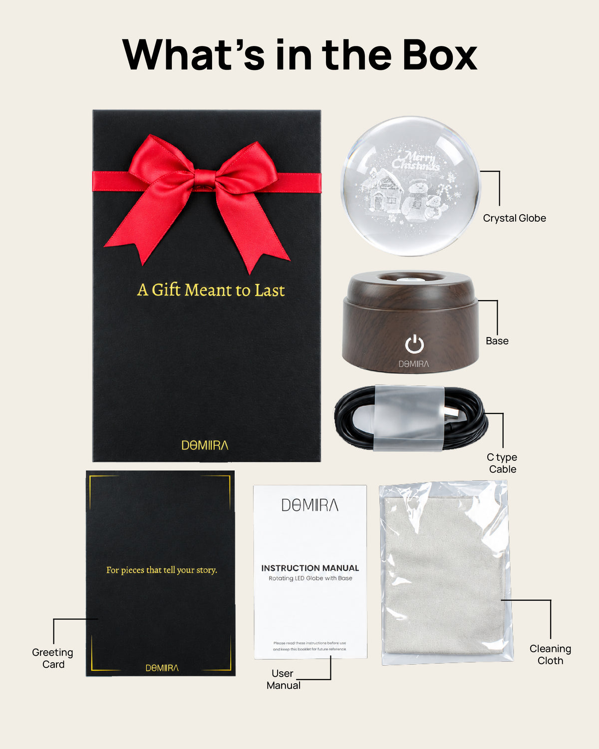 What's in the box with the A Snowy Christmas crystal globe
