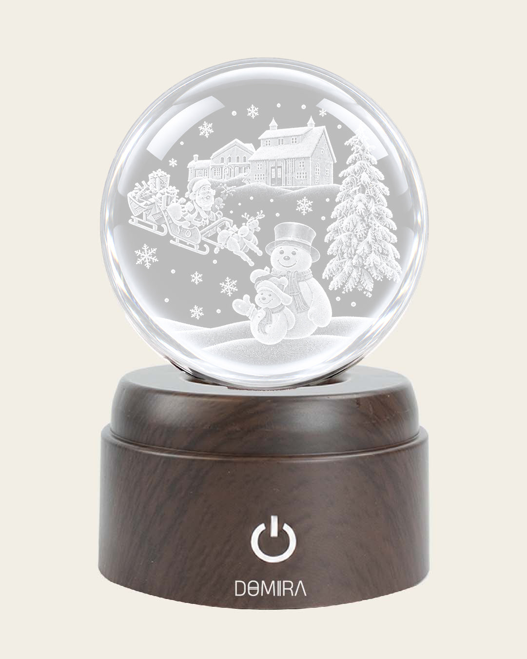 Festive Winter crystal globe front view on its rotating LED base
