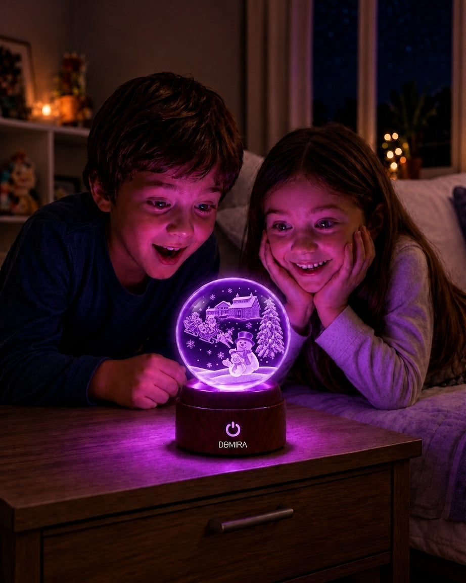 Two children admiring the Festive Winter crystal globe