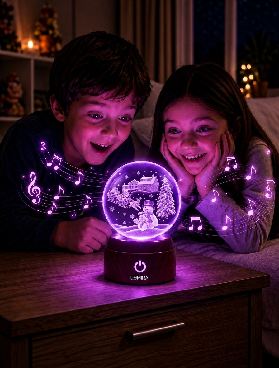 Two children enjoying the Festive Winter crystal globe as the Christmas jingle plays