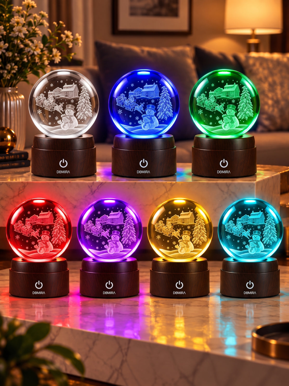 Festive Winter crystal globe shown in seven LED colours