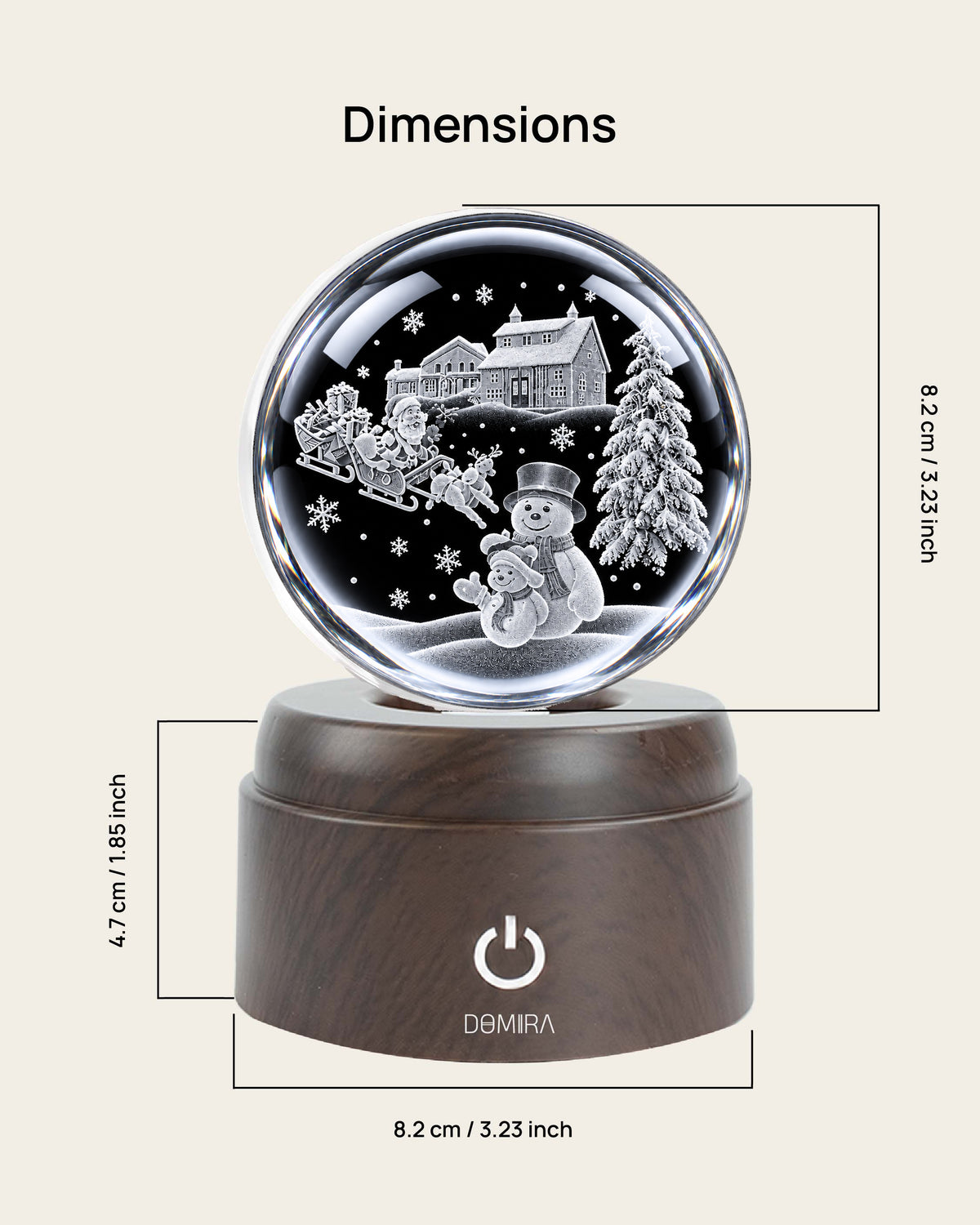 Festive Winter crystal globe dimensions: 8.2 cm globe on an 8.2 cm wide, 4.7 cm high base