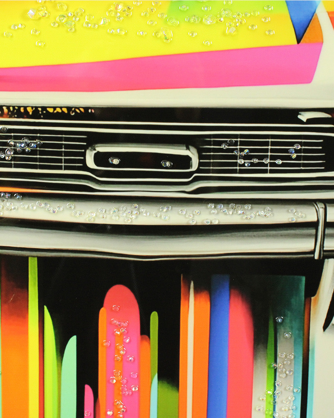 Chromatic Classic pop art car resin wall art close-up of the car grille and colour drips