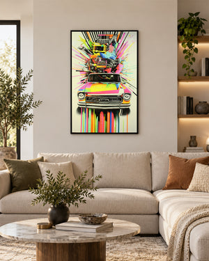 Chromatic Classic pop art car resin wall art above a sofa in a living room
