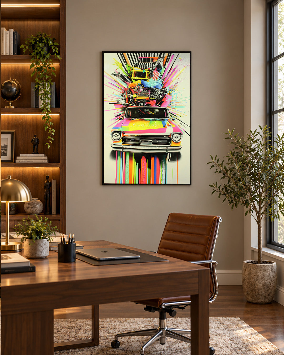 Chromatic Classic pop art car resin wall art in a home office beside a desk