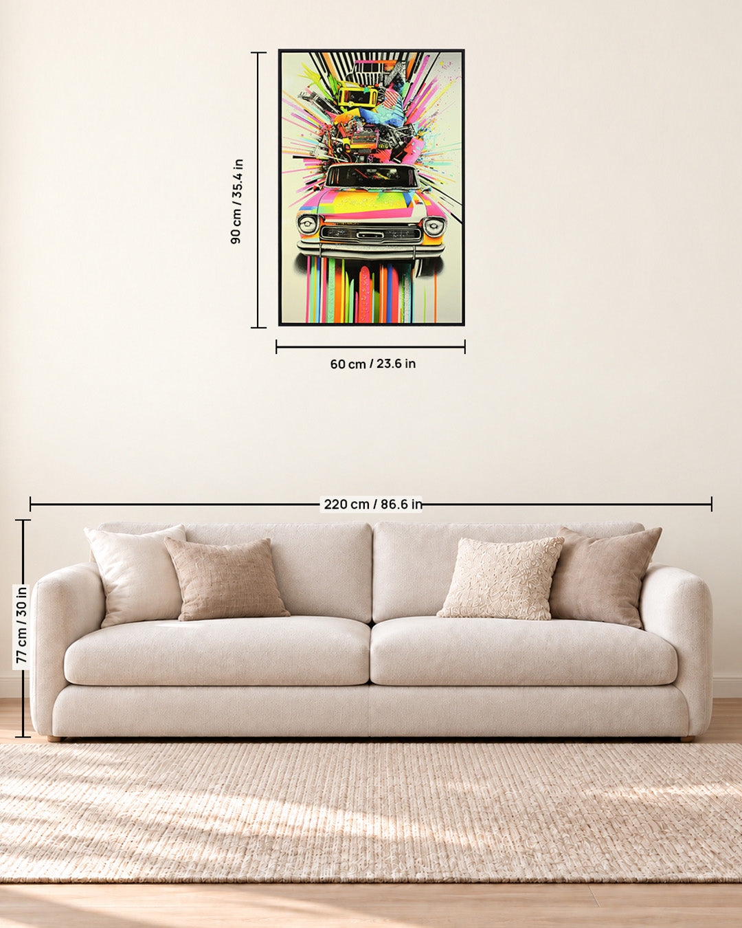 Chromatic Classic pop art car resin wall art size guide above a sofa