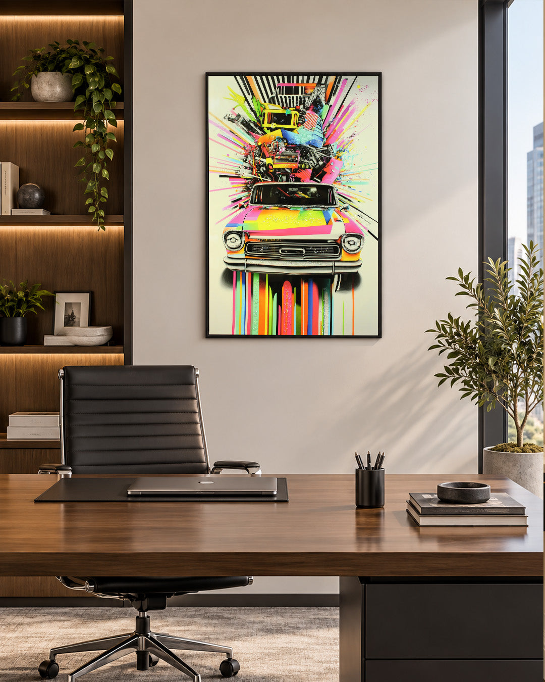 Chromatic Classic pop art car resin wall art in a study above a desk