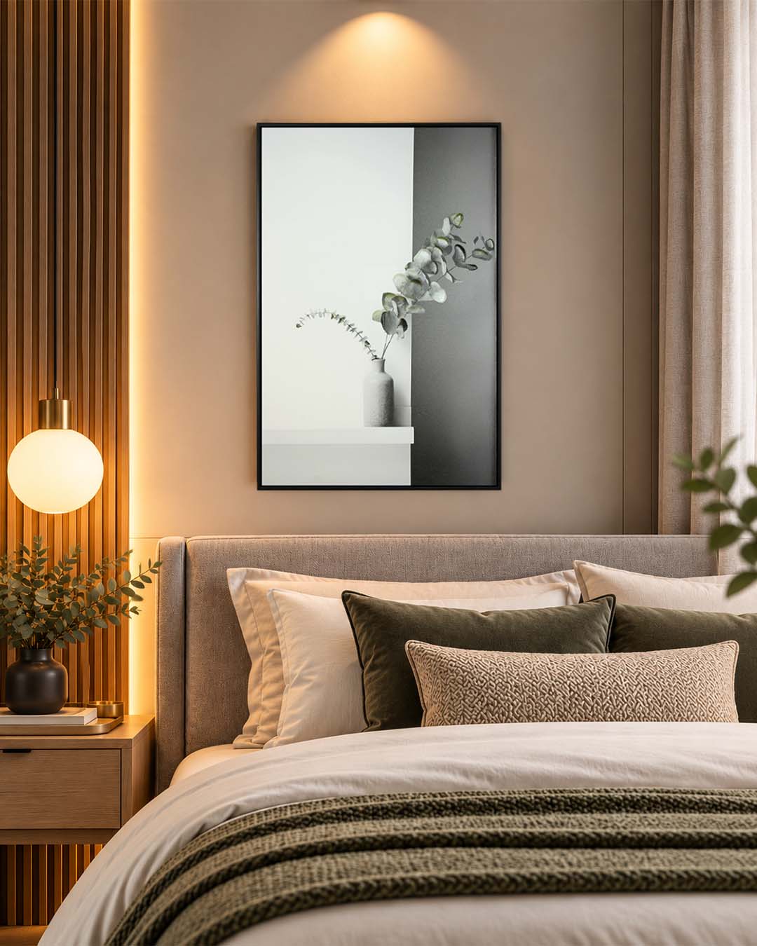 Composed scandinavian plant wall art above a bed in a bedroom
