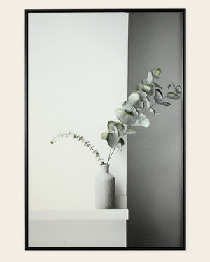 Composed scandinavian plant wall art front view in a black frame