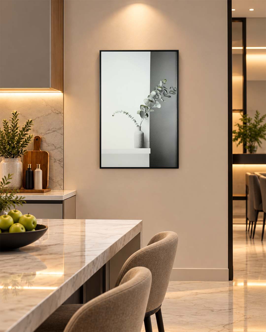 Composed scandinavian plant wall art in a kitchen above the counter