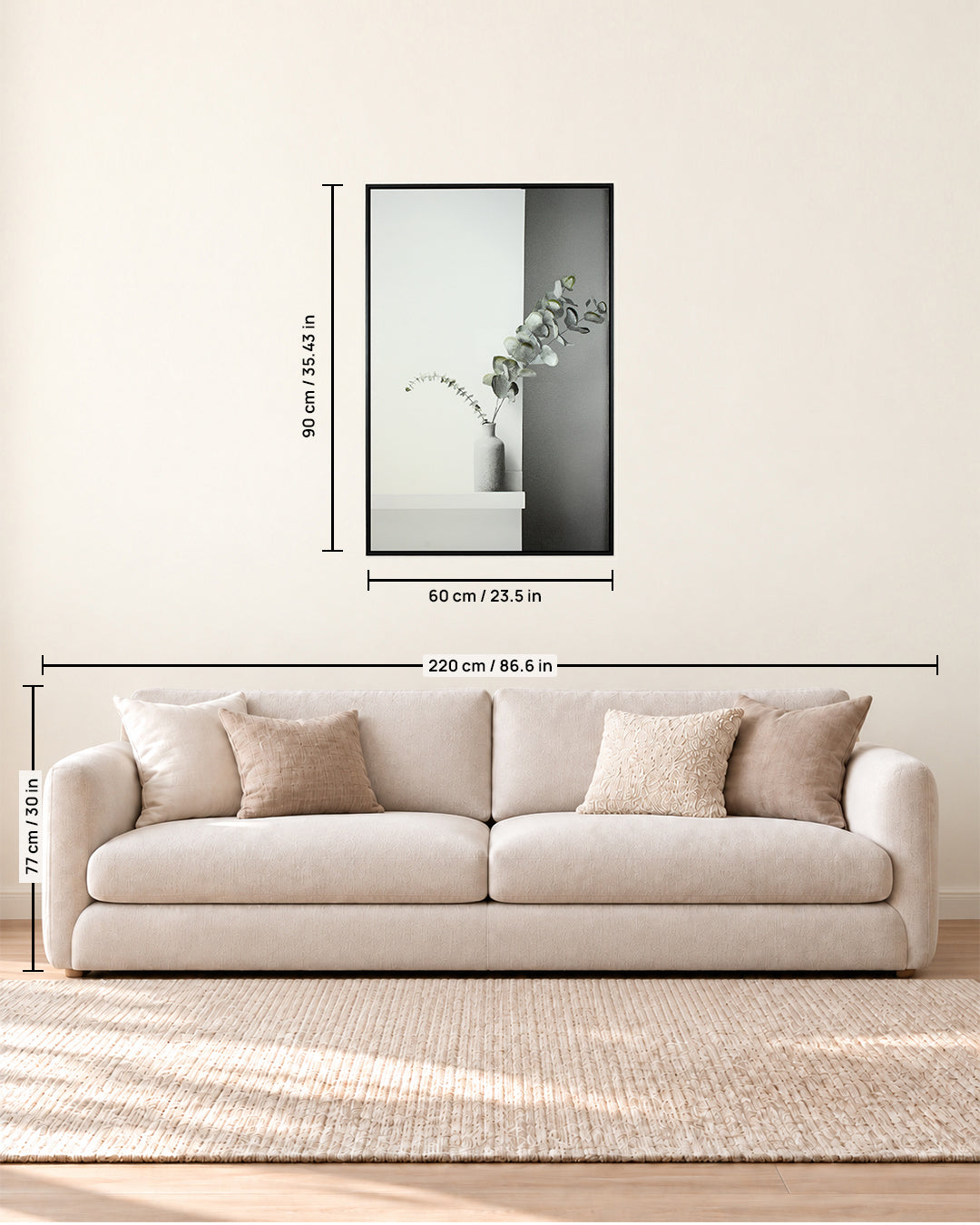 Composed scandinavian plant wall art size guide above a sofa