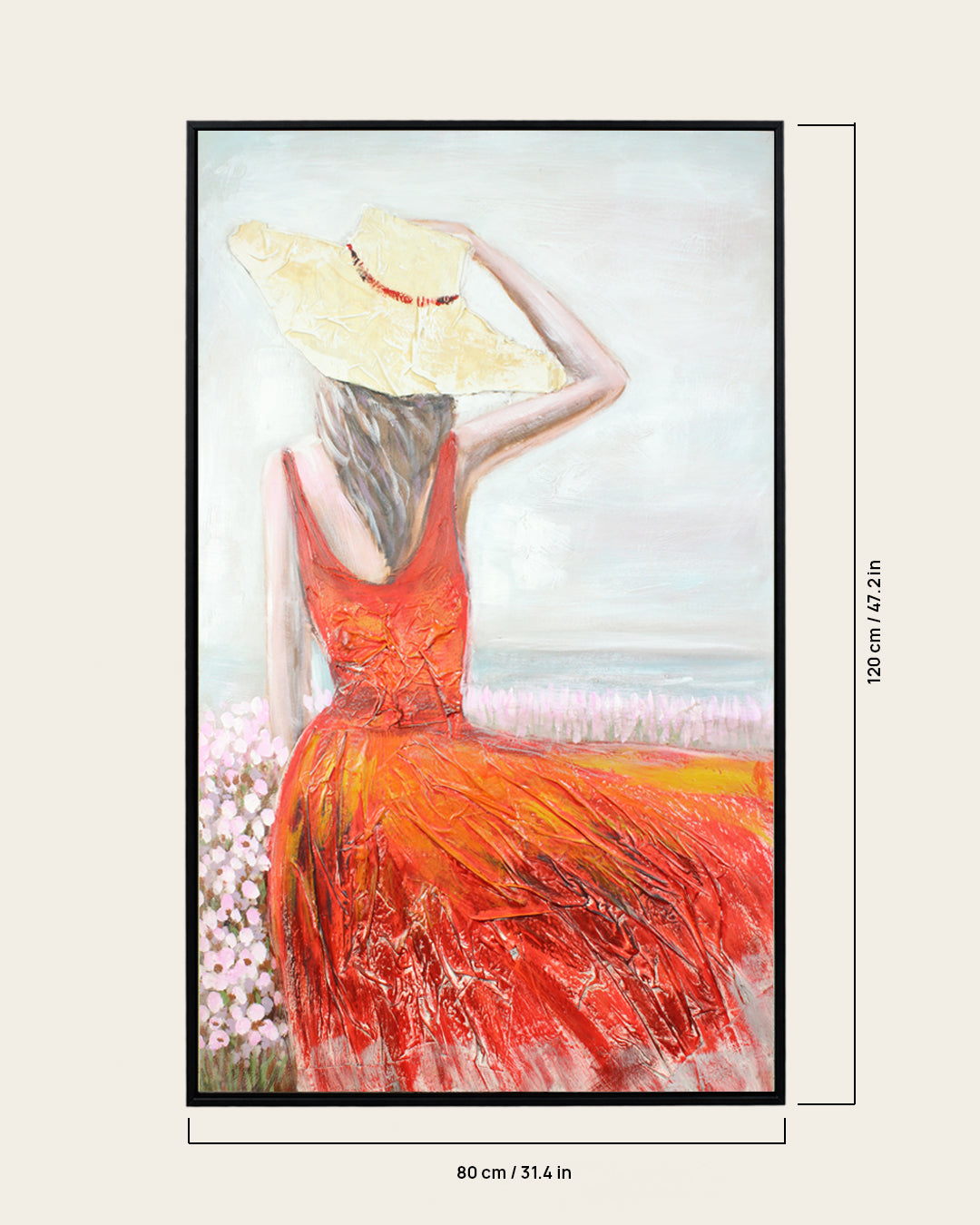 Crimson Shore woman in red dress painting with dimensions