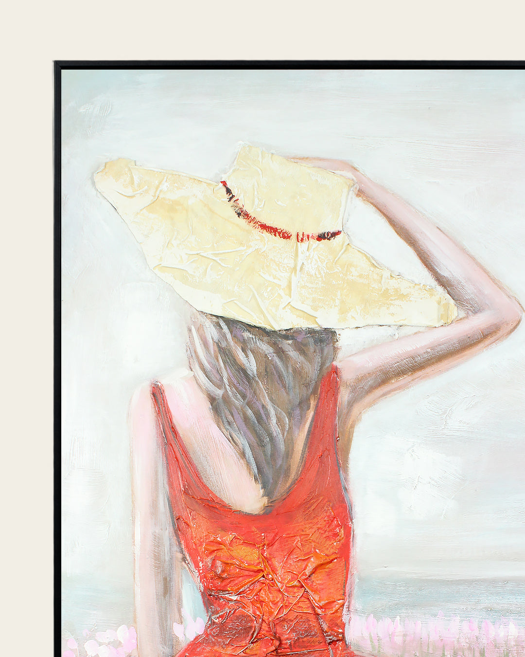 Crimson Shore woman in red dress painting frame corner detail