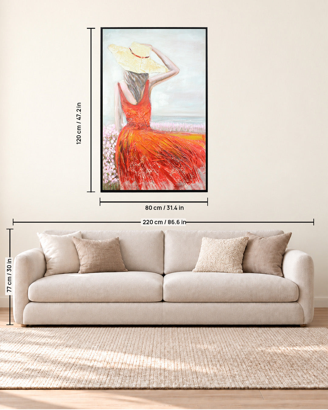 Crimson Shore woman in red dress painting size guide above a sofa