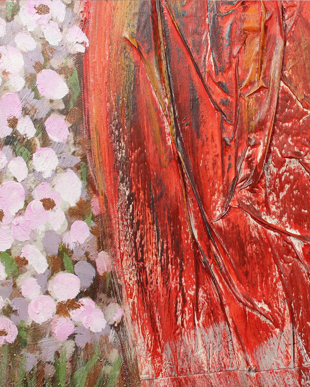 Crimson Shore woman in red dress painting close-up of the textured paint