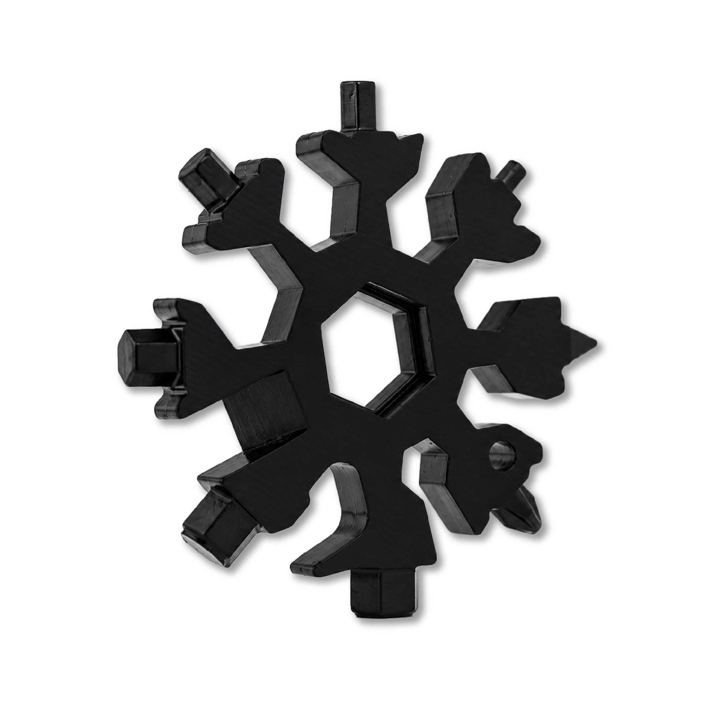 Angled view of the DOMIRA 18-in-1
Snowflake Multi Tool highlighting the
compact stainless steel EDC multitool
design for everyday repairs and outdoor
use.