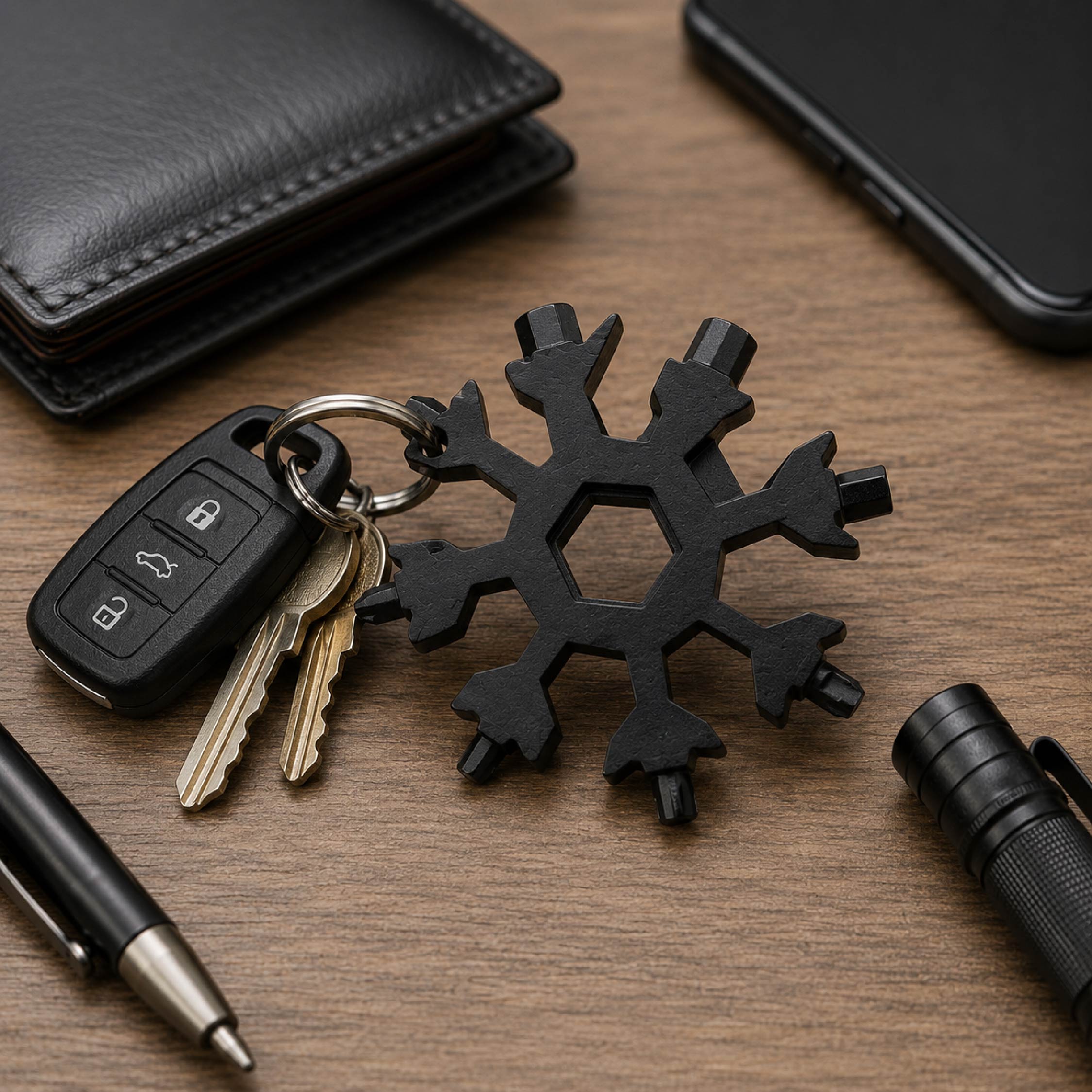 DOMIRA Snowflake Multi Tool attached
to a car keyring, highlighting its compact
everyday carry design for travel,
commuting and emergency repairs.