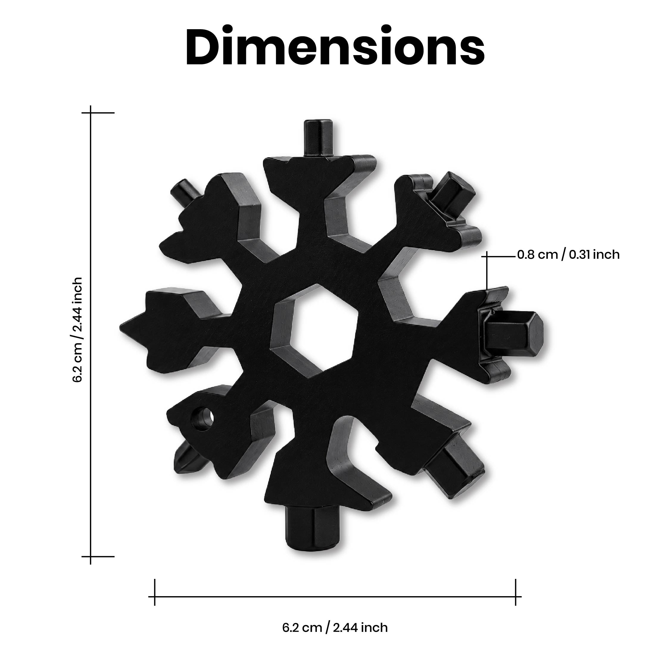 Dimensions of the DOMIRA 18-in-1
Snowflake Multi Tool showing the
compact pocket-sized design suitable for
keychains, backpacks and everyday
carry.