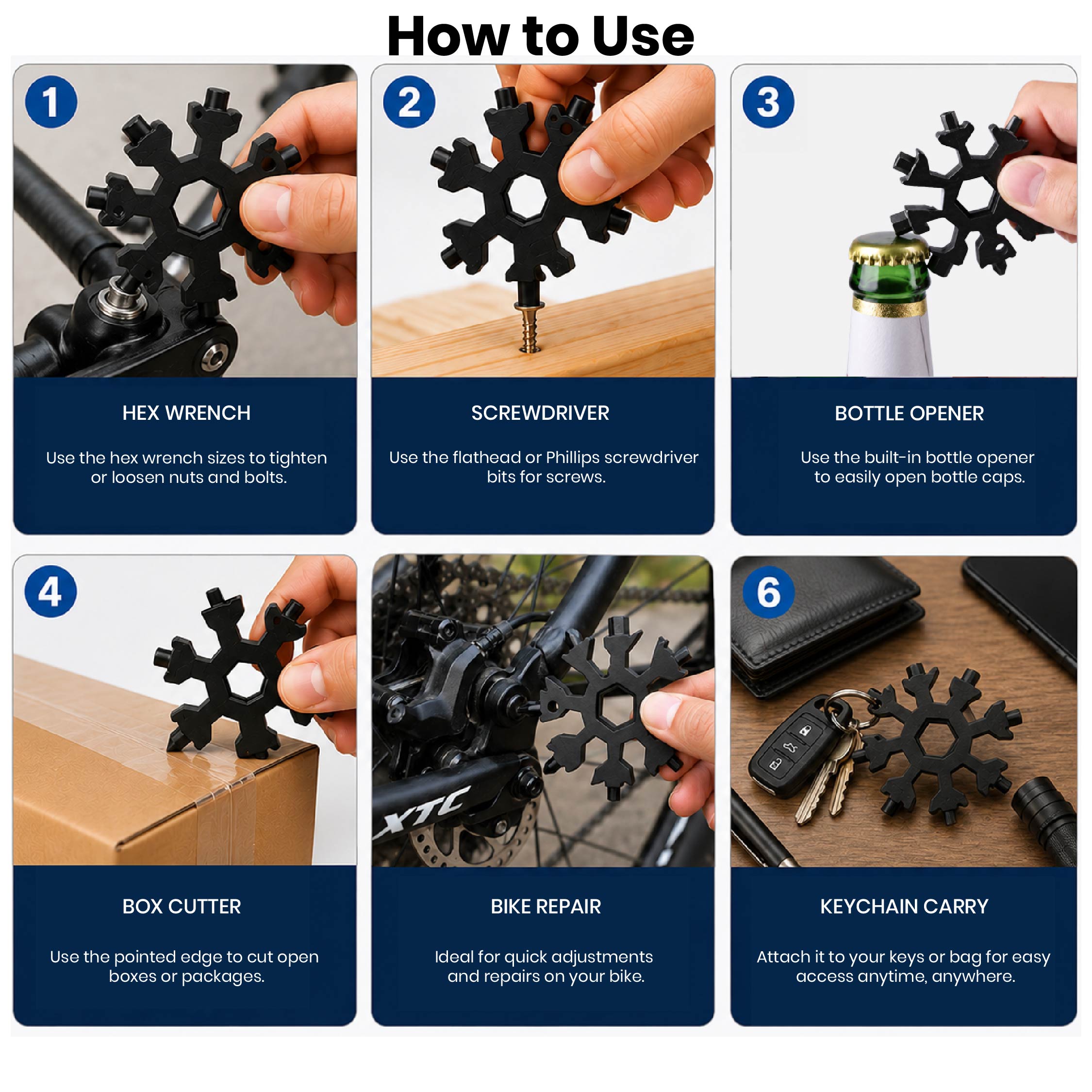 Illustrated guide showing how to use the
DOMIRA 18-in-1 Snowflake Multi Tool
for everyday repairs, DIY tasks and
outdoor activities.
