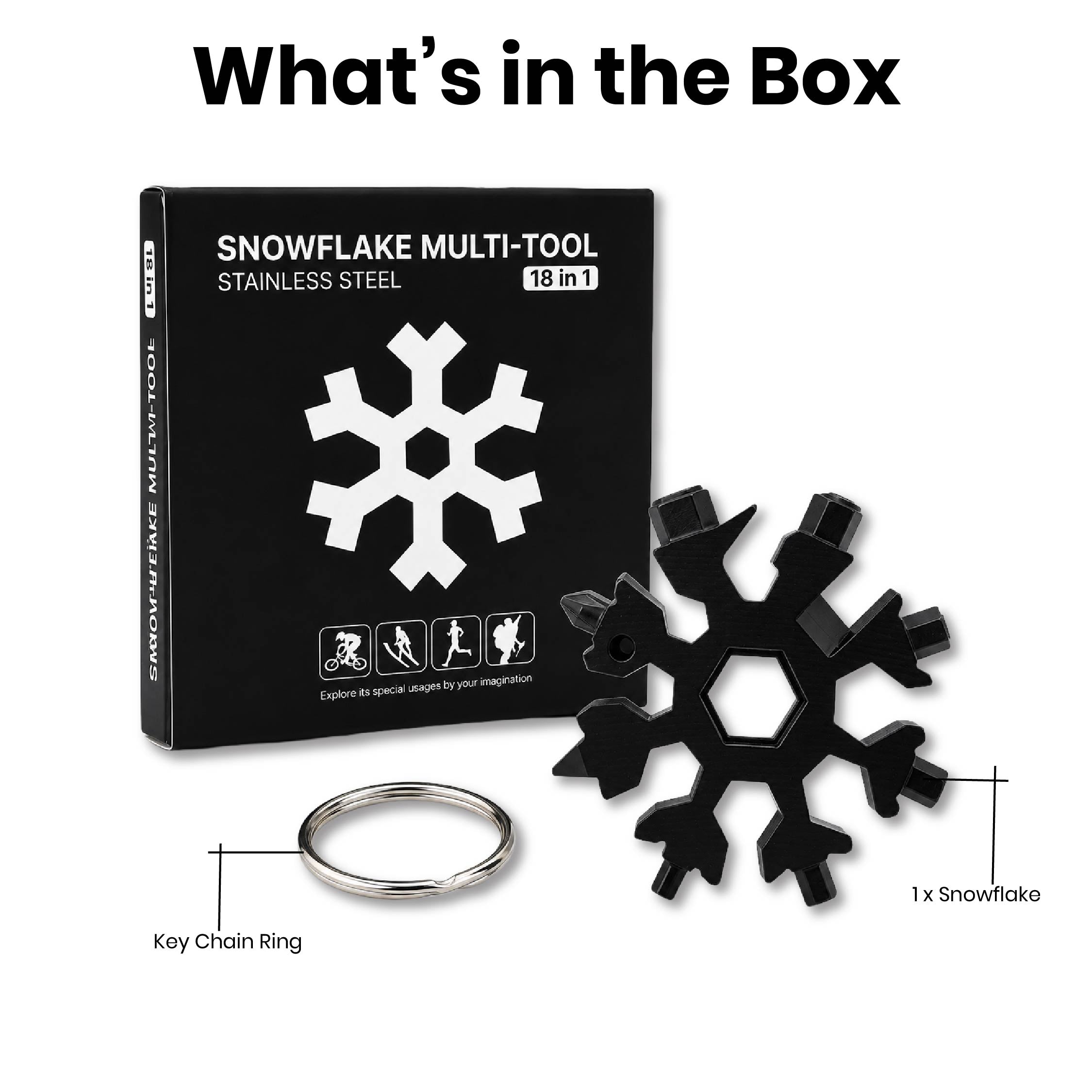 Contents of the DOMIRA 18-in-1
Snowflake Multi Tool package including
the stainless steel multitool with
integrated keychain attachment.