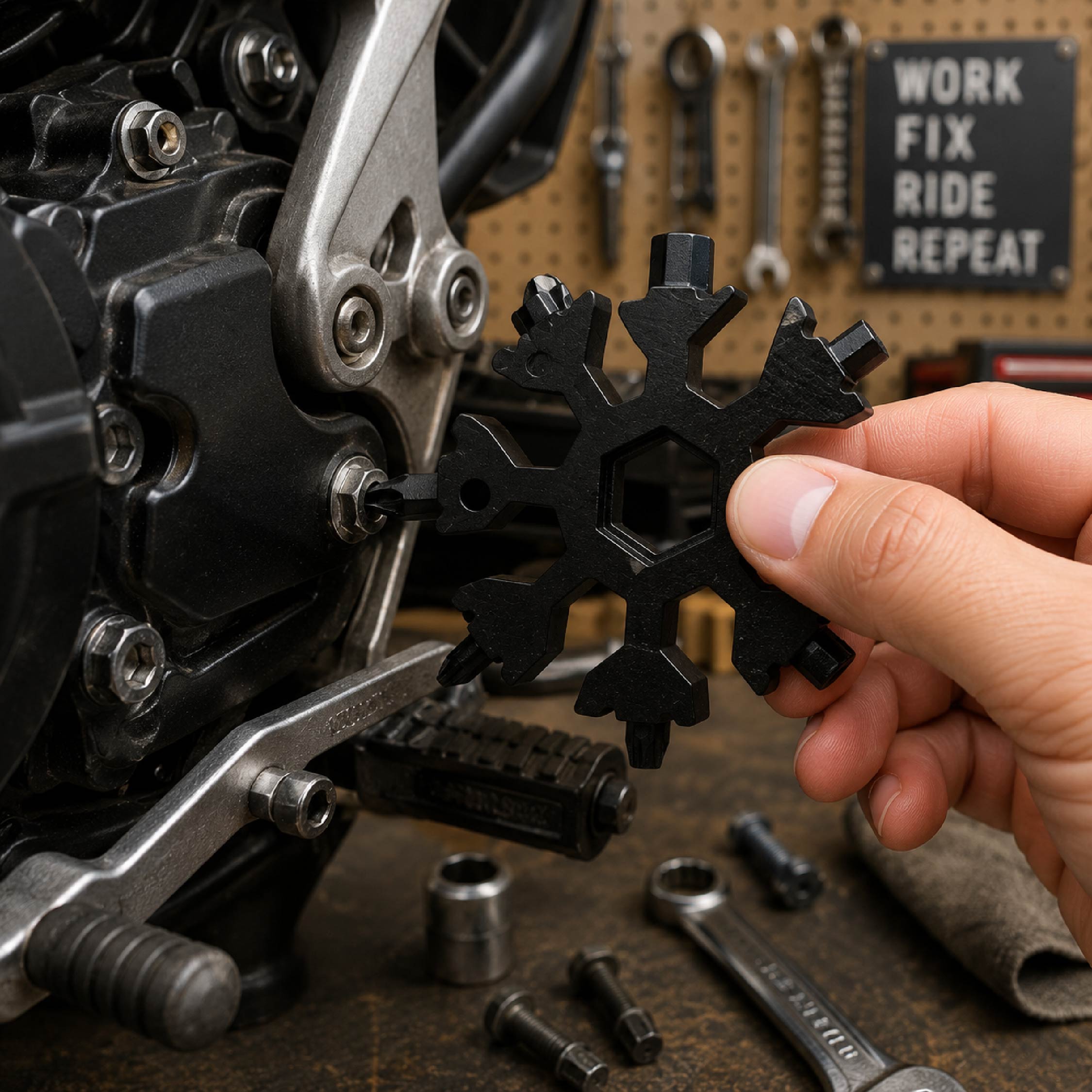 DOMIRA 18-in-1 Snowflake Multi Tool
being used in a workshop for DIY
repairs, showcasing its versatility as a
compact stainless steel multitool for
home improvement tasks.