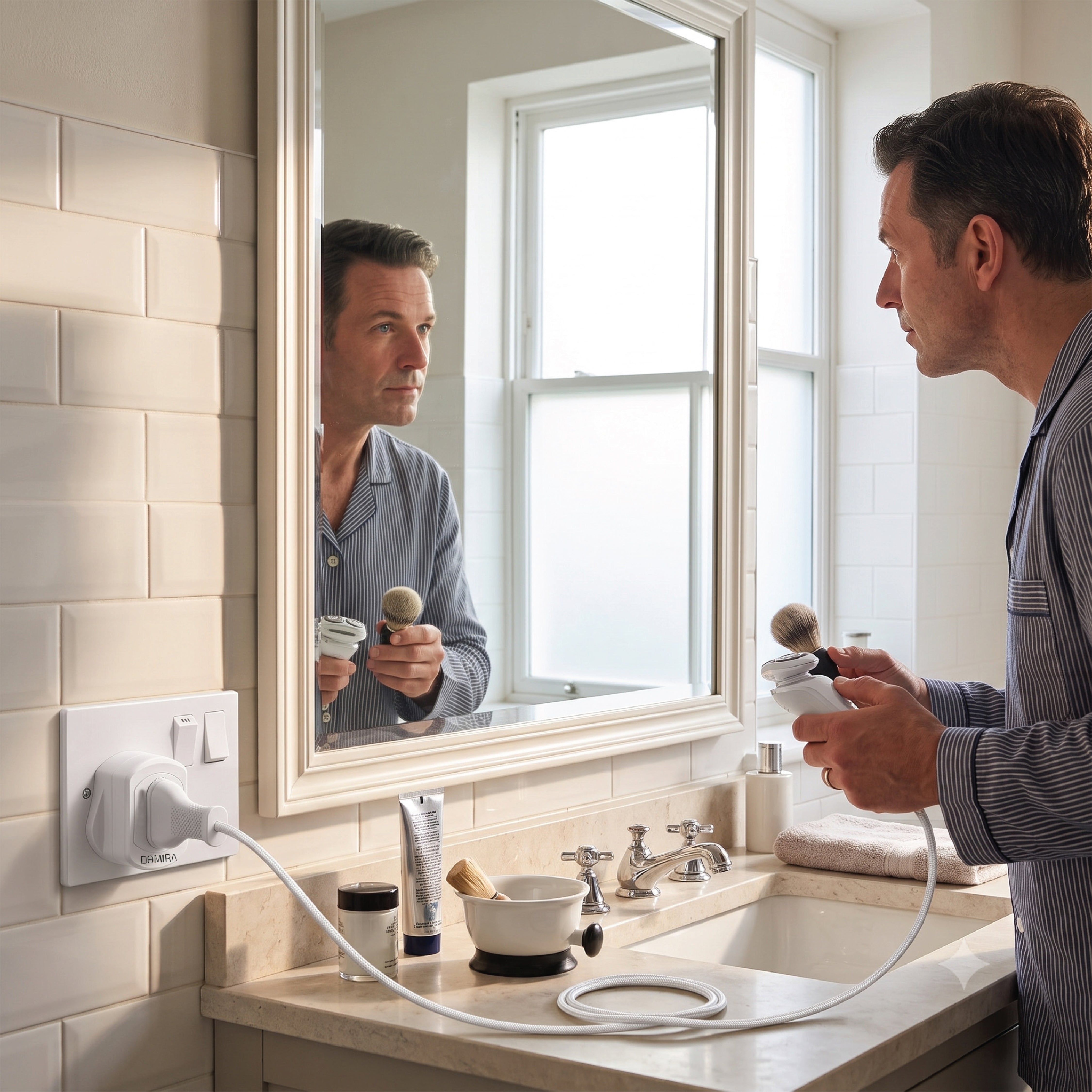 Electric shaver connected using a
DOMIRA 2 pin to 3 pin adapter while a
second adapter is available for additional
users.