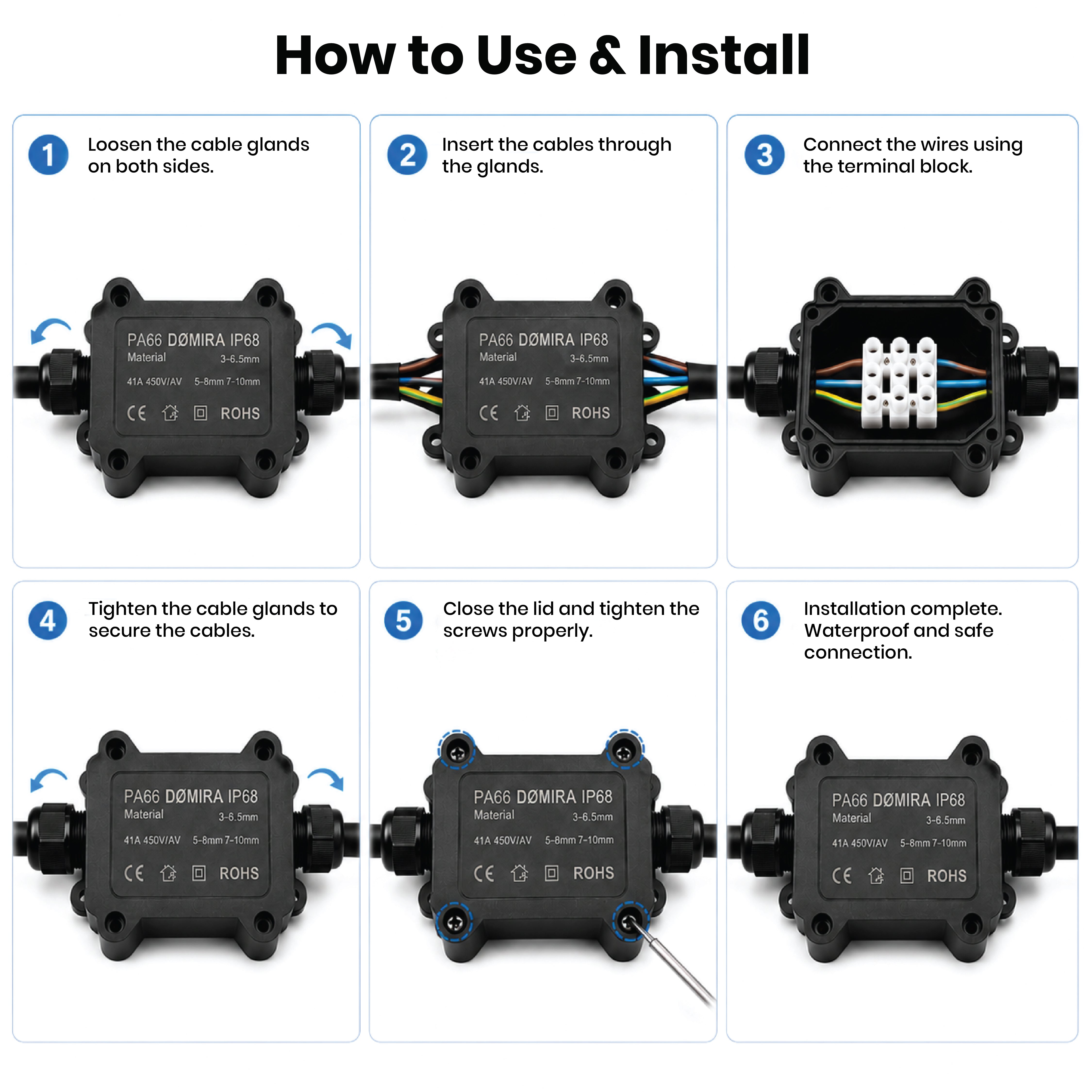 DOMIRA 2 Way Cable Connector Outdoor Junction Box IP68 Waterproof Polycarbonate Electrical Connector for Garden Lighting