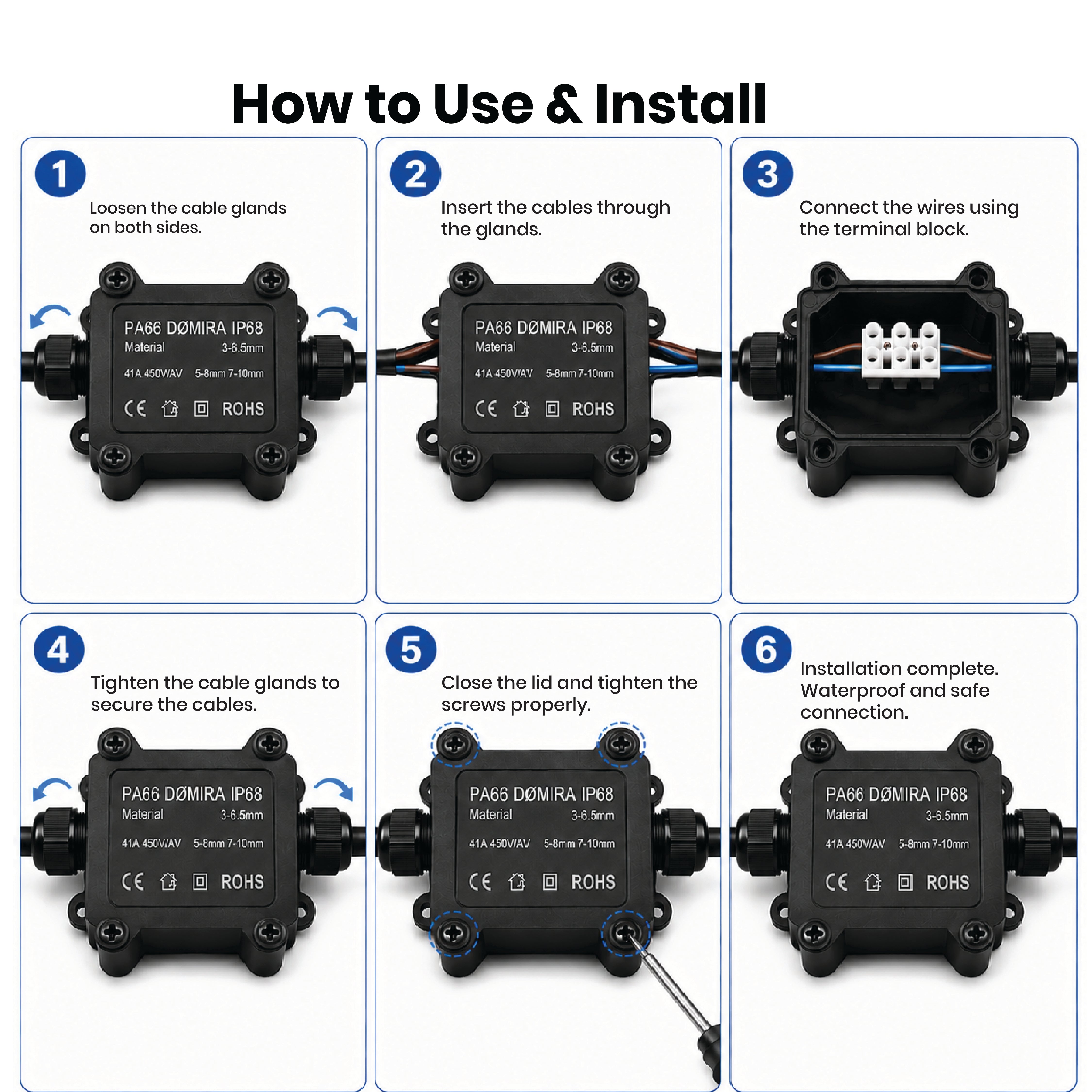 Step-by-step installation guide for DOMIRA 2 way waterproof outdoor cable connector