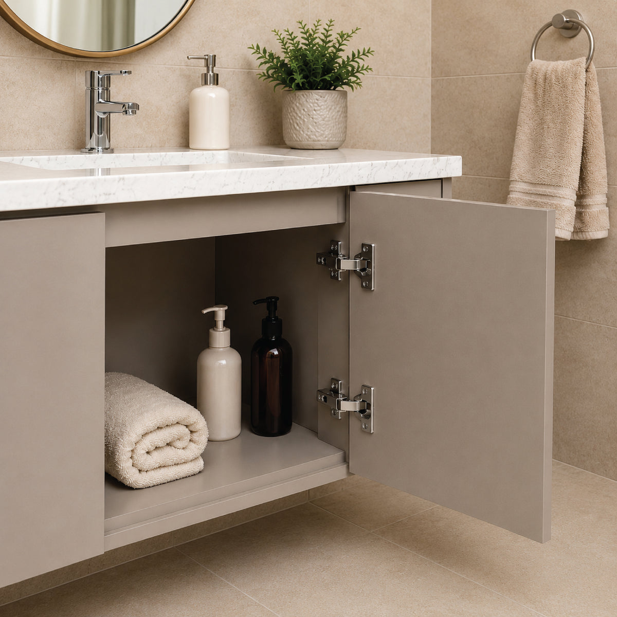 DOMIRA stainless steel cabinet hinges installed on a bathroom cabinet with moisture resistant performance