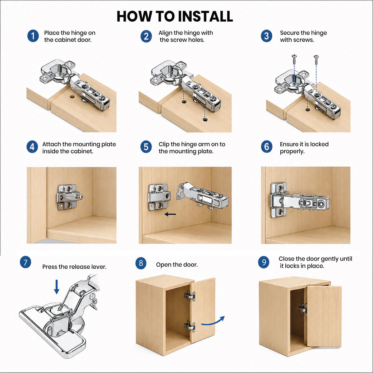 Step-by-step installation guide for DOMIRA soft close cabinet hinges