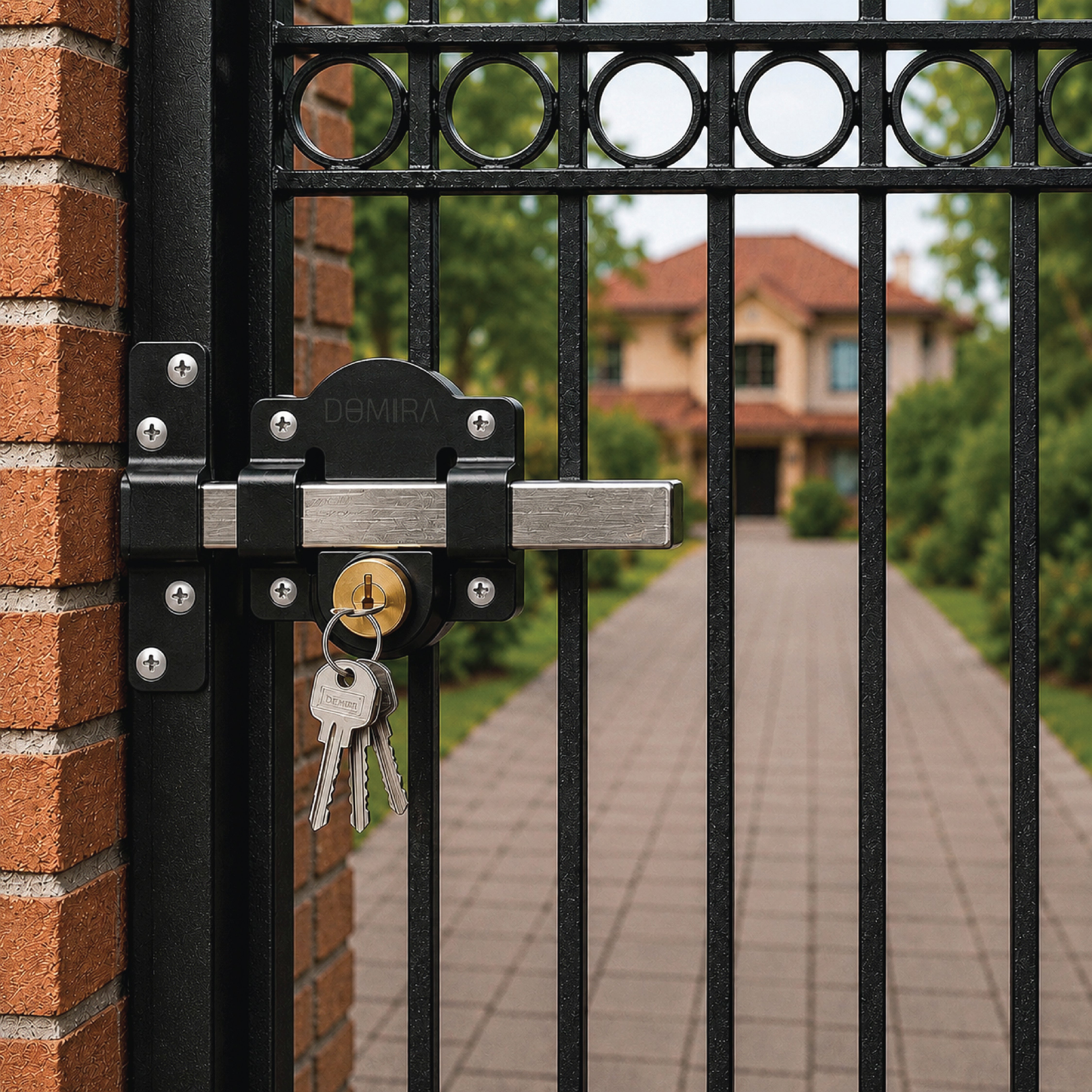 DOMIRA 70mm long throw gate lock
securing a large outdoor driveway gate with
durable stainless steel construction.