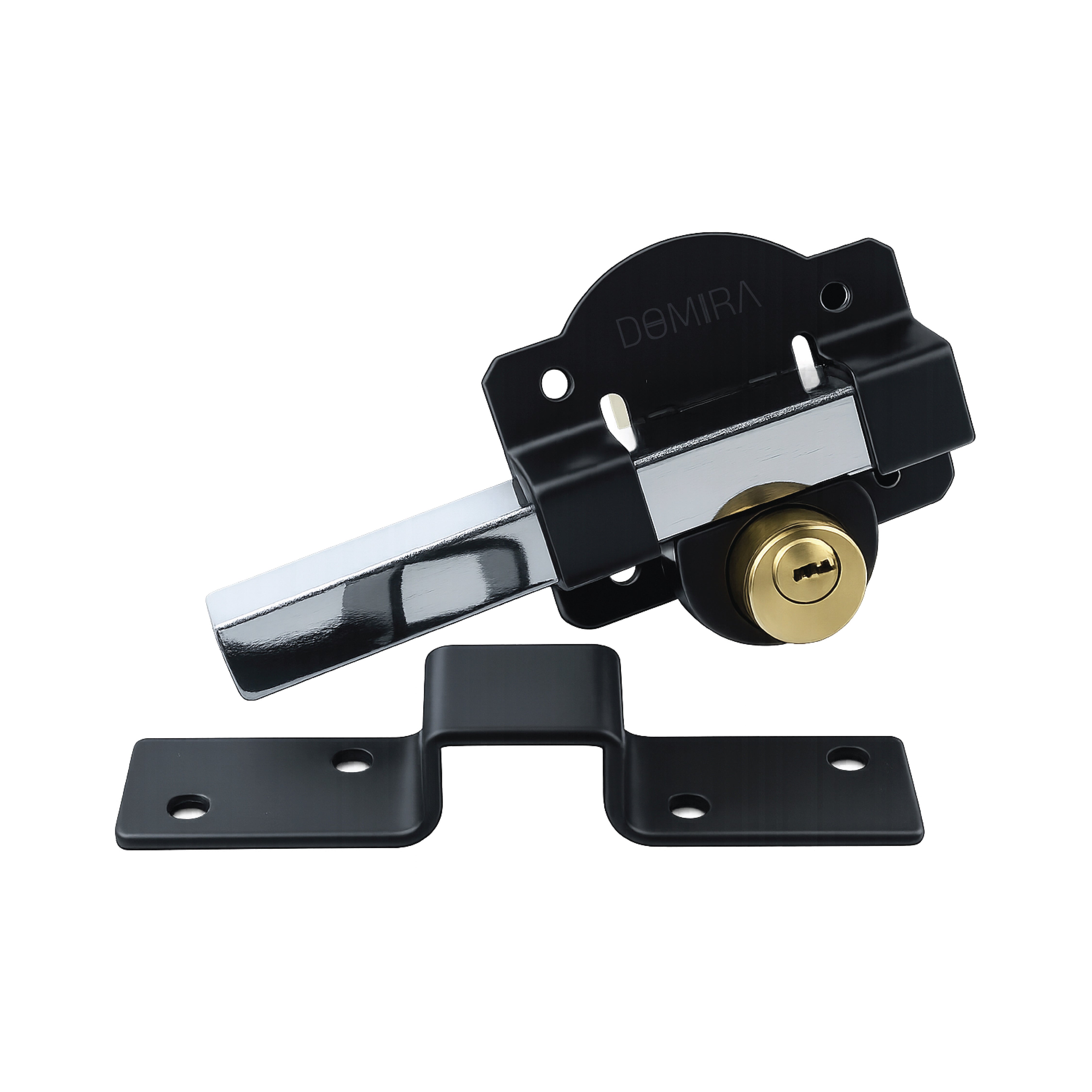 Angled product view of the DOMIRA 70mm
long throw gate lock designed for larger
gates and outdoor security applications.
