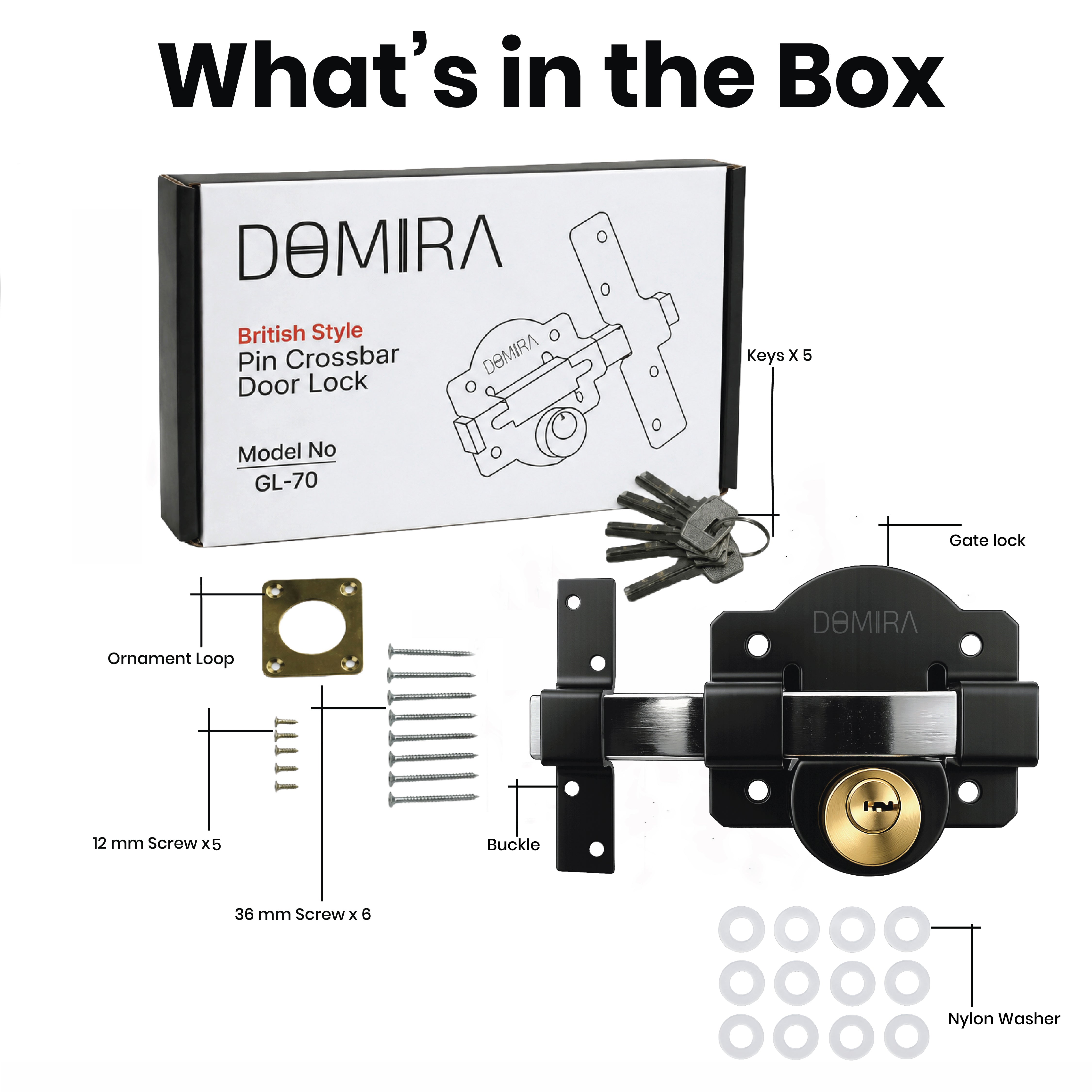 Contents of the DOMIRA 70mm long throw
gate lock package including gate lock, five
keys, stainless steel screws, fixings and
ornament loop.
