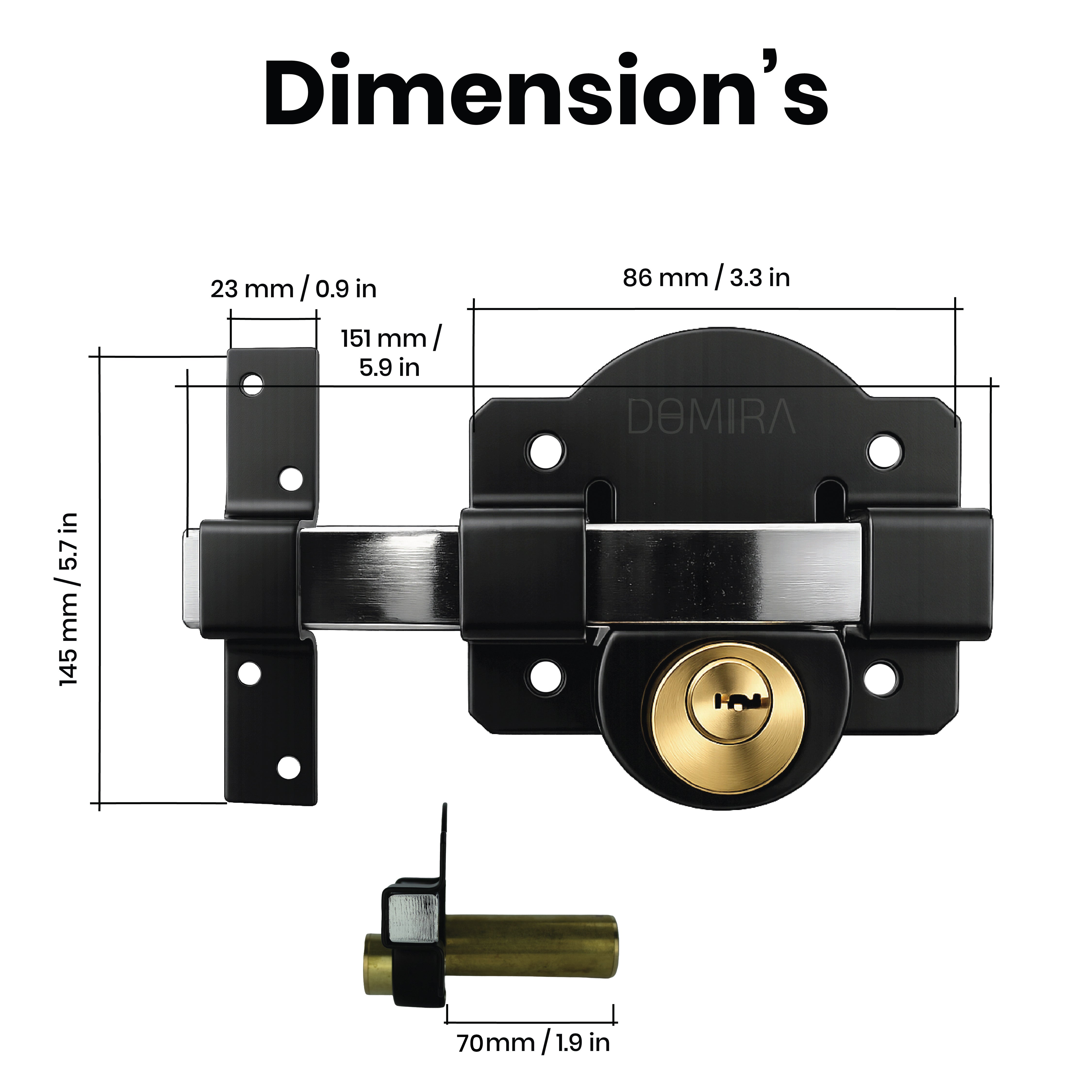 Dimension diagram displaying
measurements for the DOMIRA 70mm
stainless steel long throw gate lock.