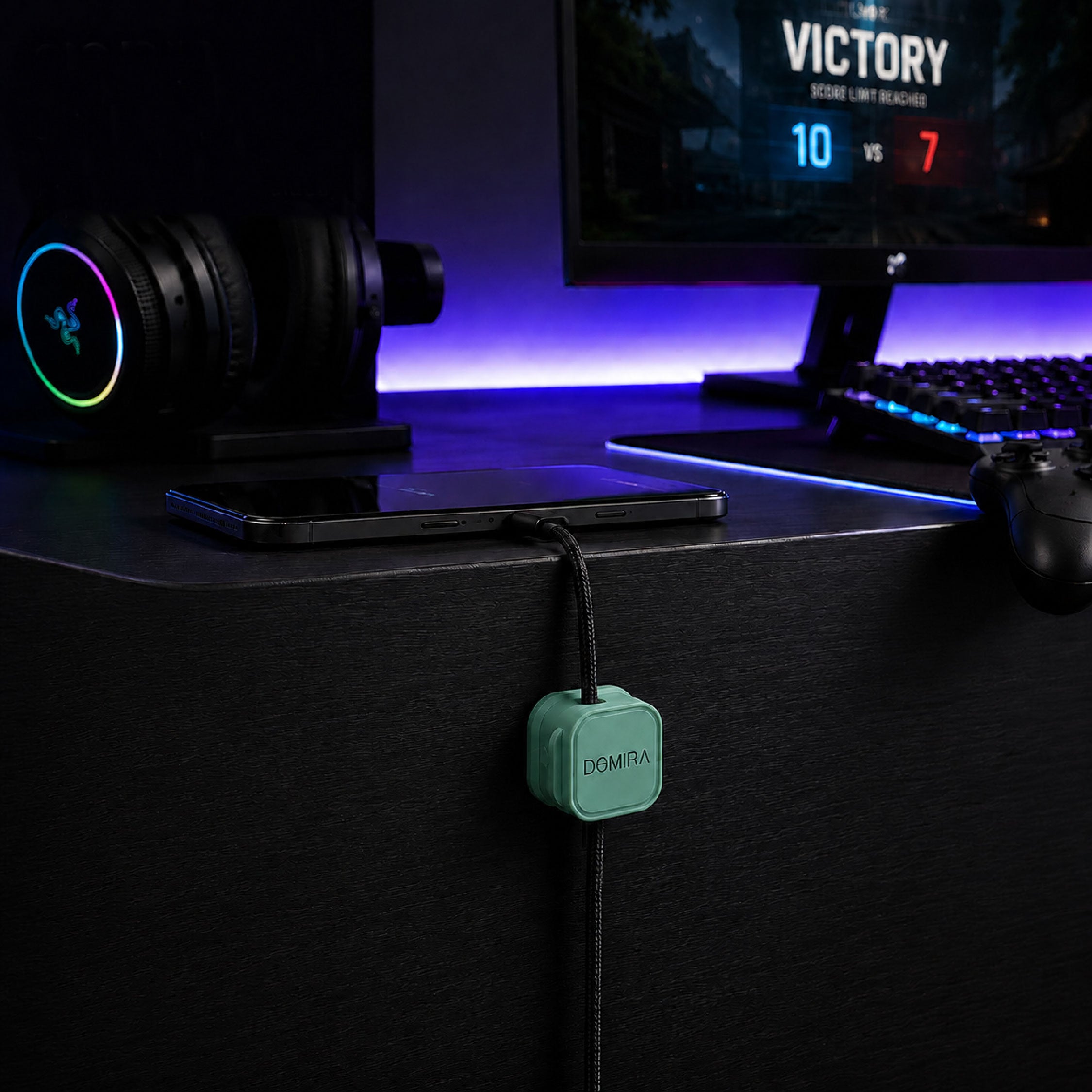 Green magnetic cable clips used for desk cable management beside a computer setup to organise charging cables and USB wires.