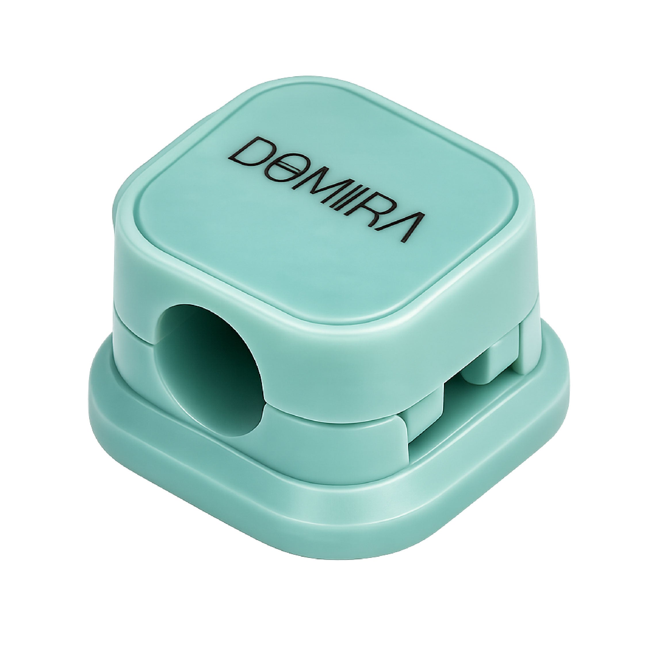 Front angle view of Green magnetic
cable holder clips showing cable entry
slot and magnetic locking design for
charging cables and USB wires.