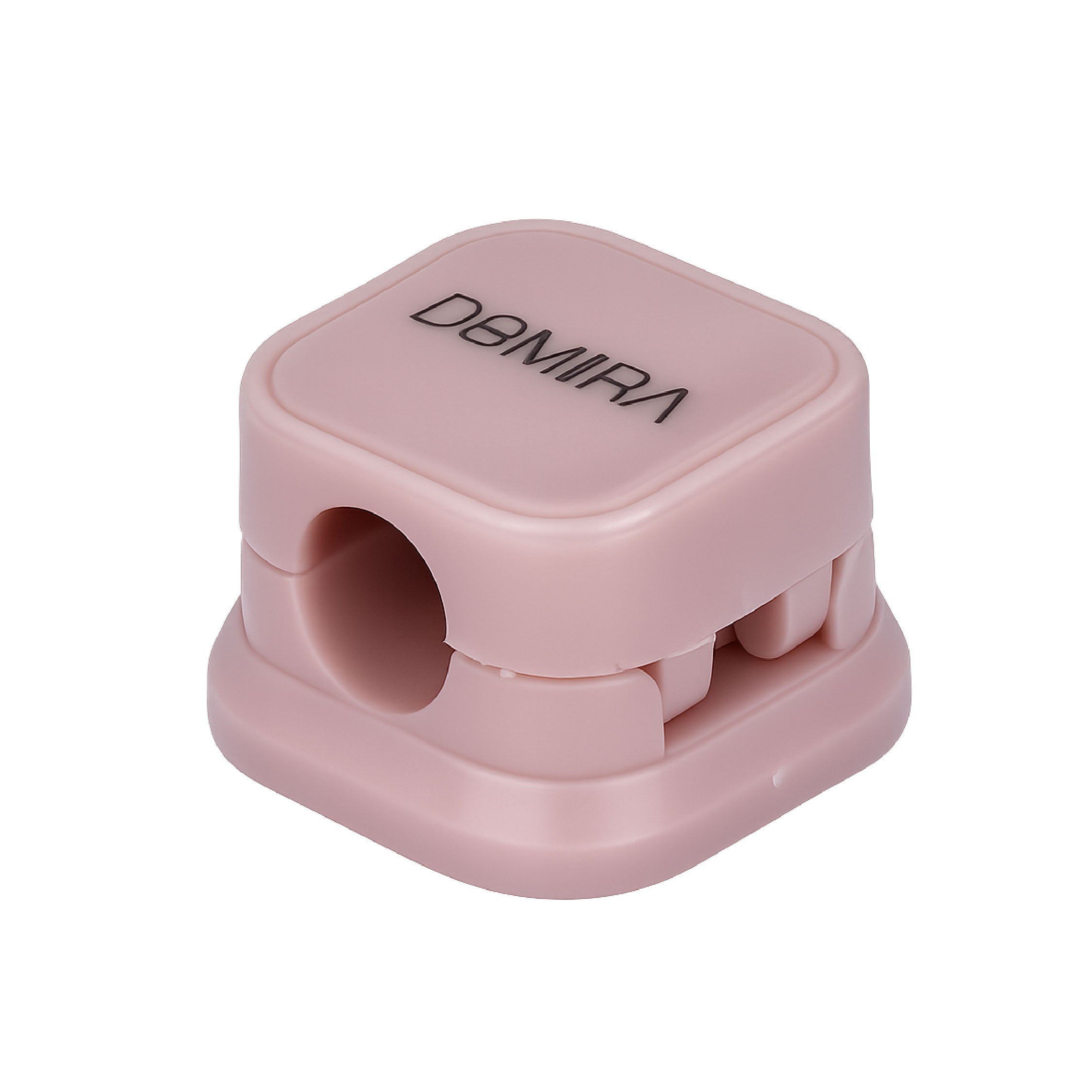 Front angle view of Pink magnetic cable
holder clips showing cable entry slot and
magnetic locking design for charging
cables and USB wires.
