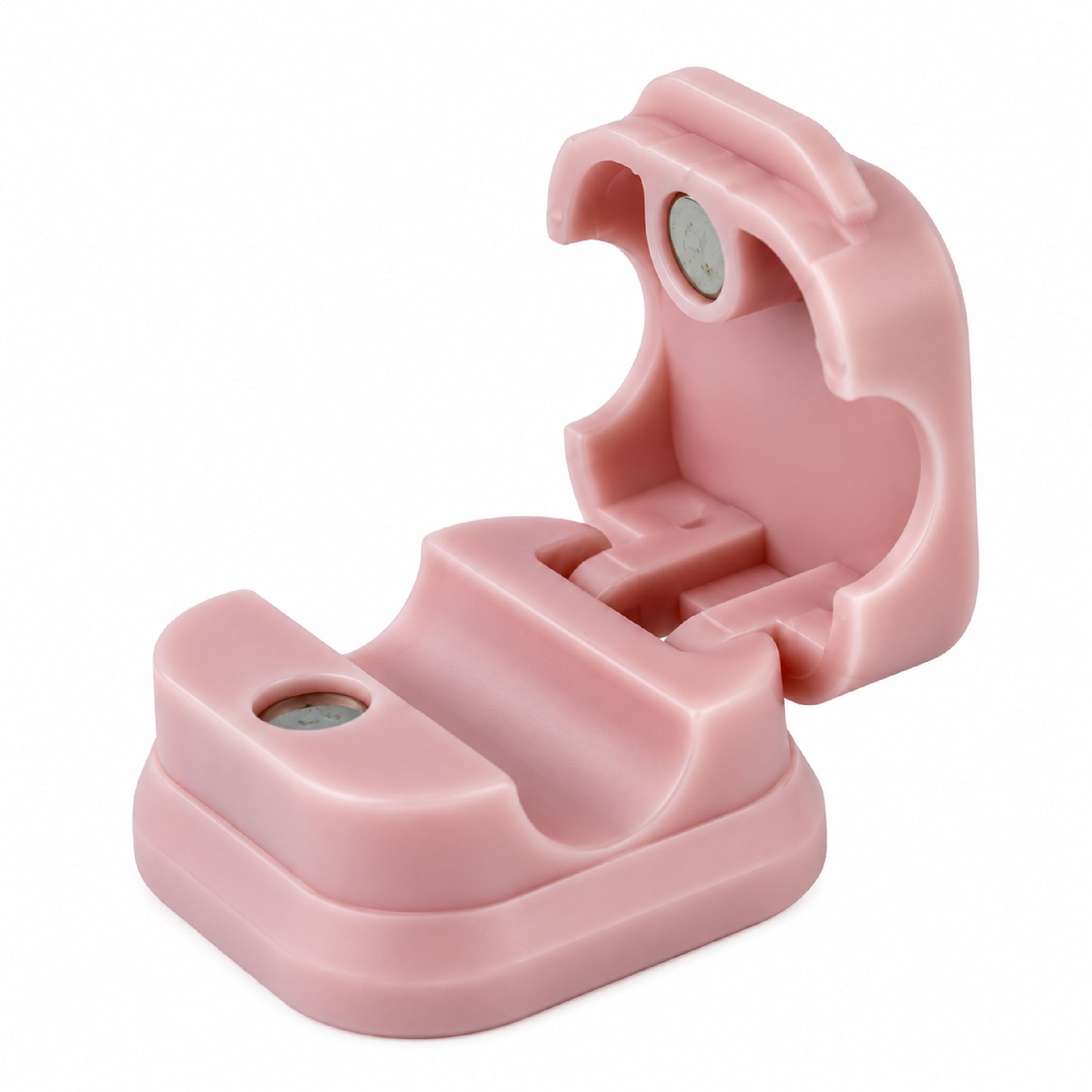 Open view of DOMIRA Pink magnetic
cable holder clip showing magnetic
opening mechanism for easy cable
insertion and removal.