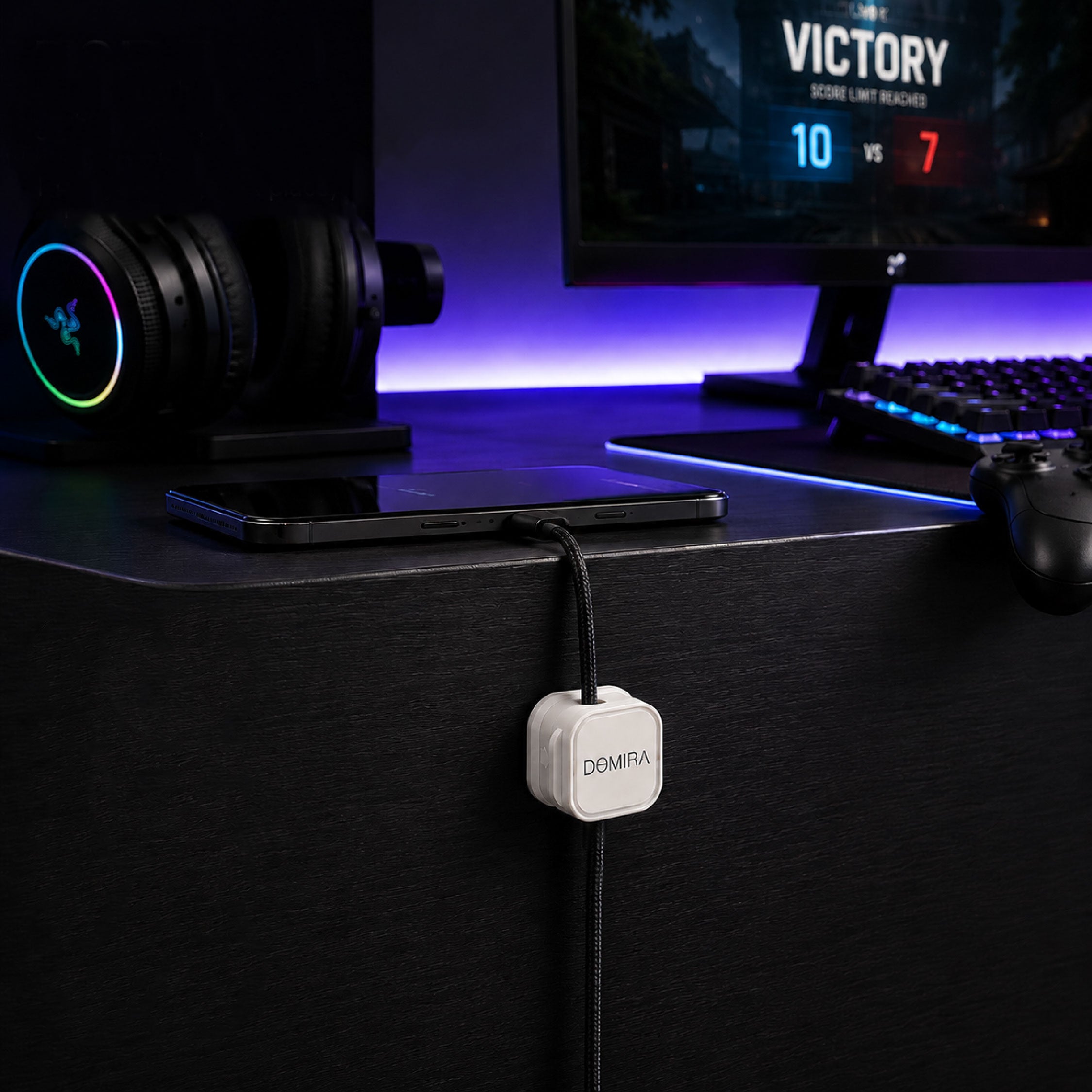 White magnetic cable clips used for
desk cable management beside a
computer setup to organise charging
cables and USB wires.