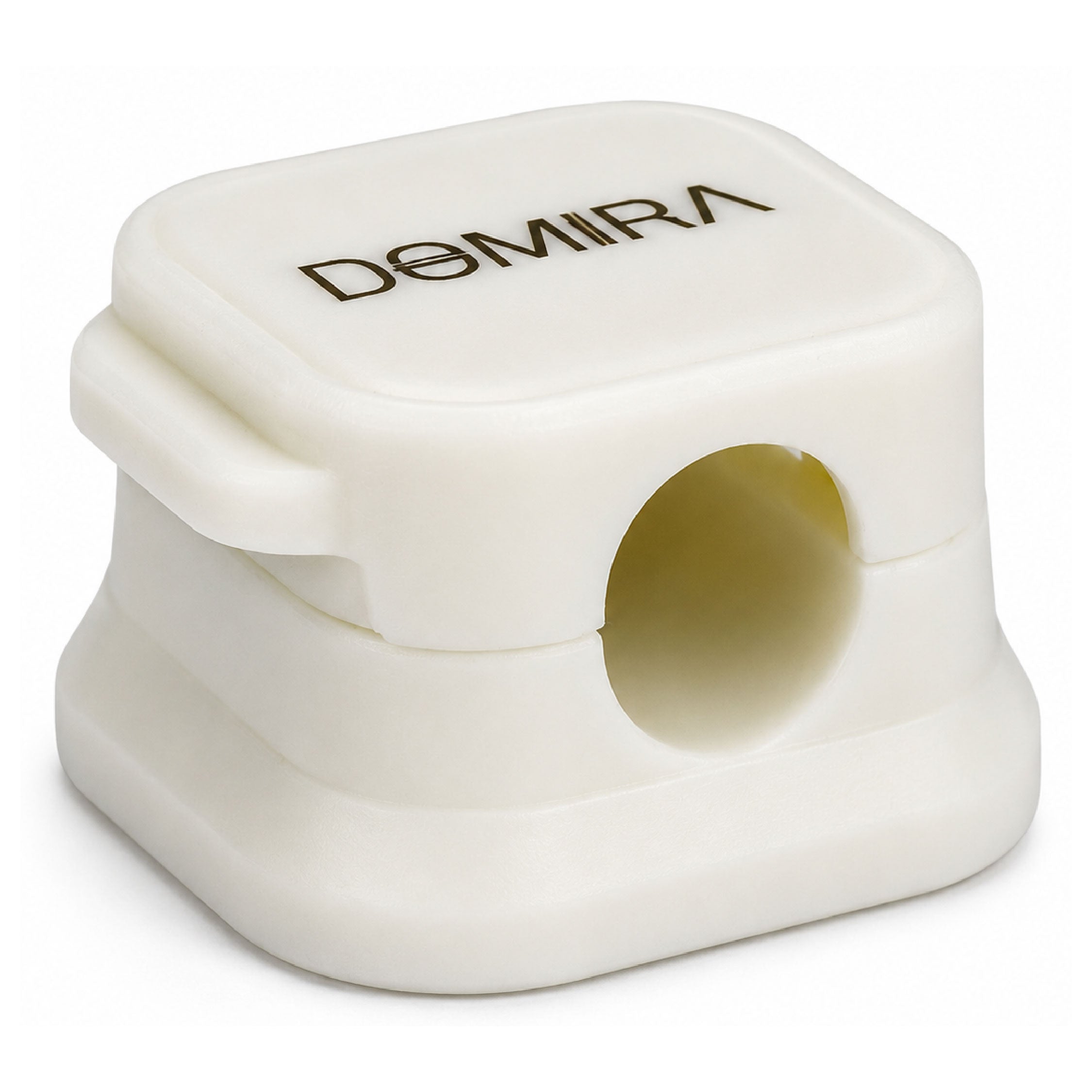 Front angle view of White magnetic
cable holder clips showing cable entry
slot and magnetic locking design for
charging cables and USB wires.