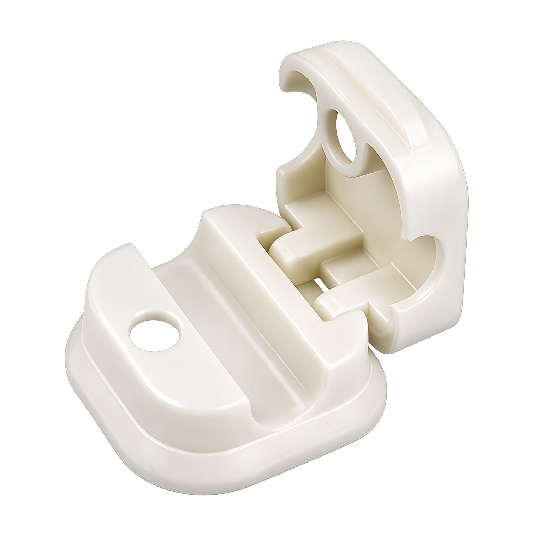 Open view of DOMIRA White magnetic
cable holder clip showing magnetic
opening mechanism for easy cable
insertion and removal.