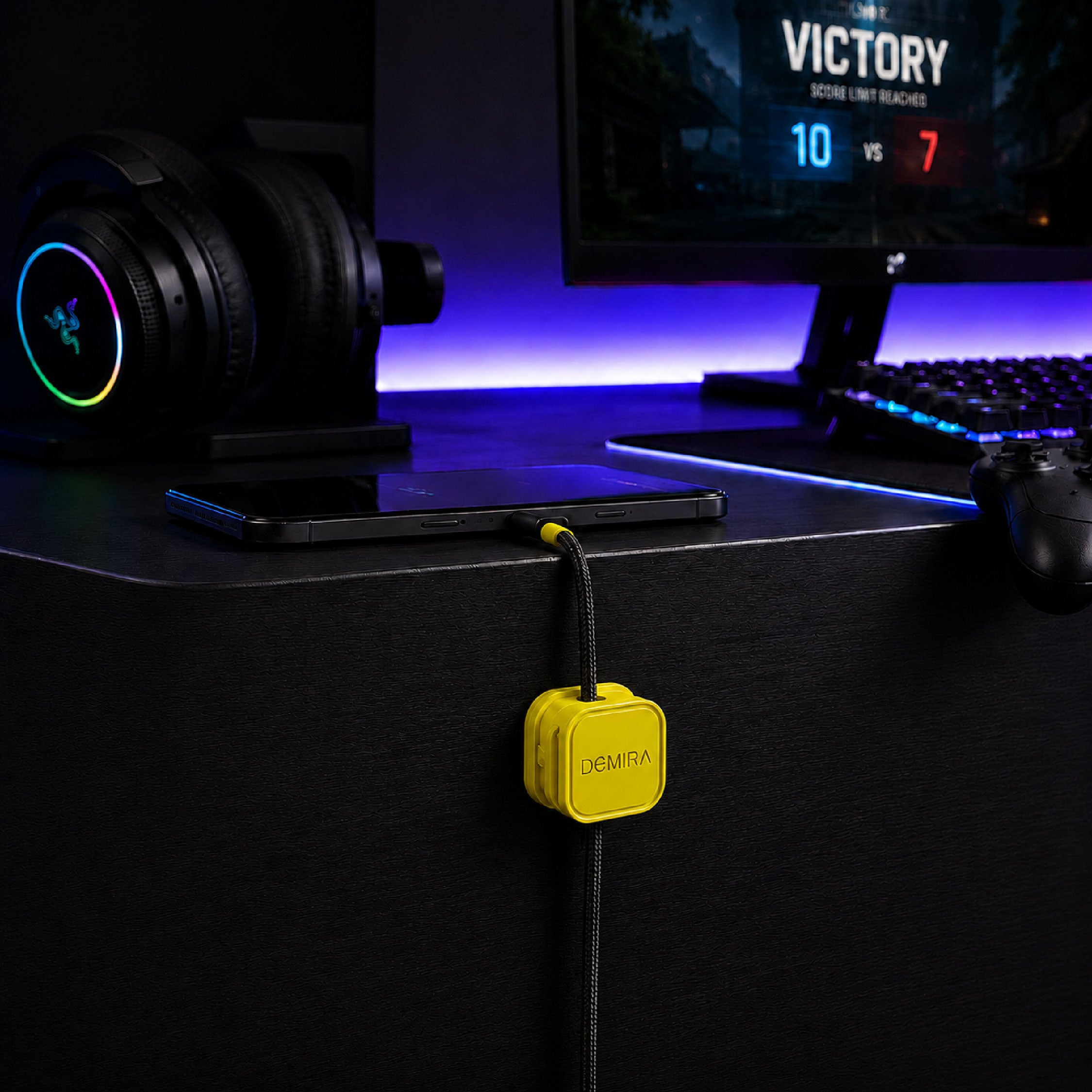 Yellow magnetic cable clips used for
desk cable management beside a
computer setup to organise charging
cables and USB wires.