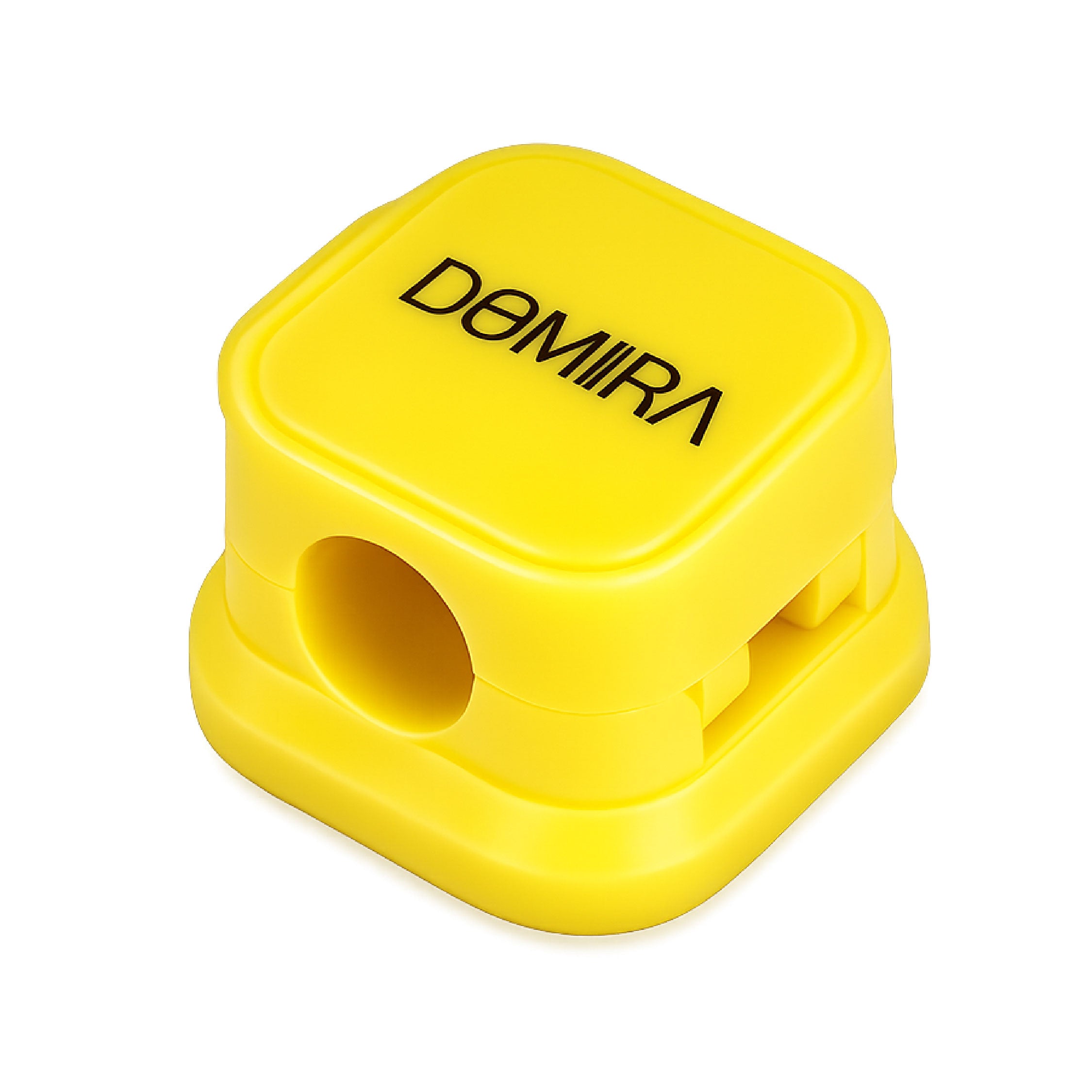 Front angle view of Yellow magnetic
cable holder clips showing cable entry
slot and magnetic locking design for
charging cables and USB wires.