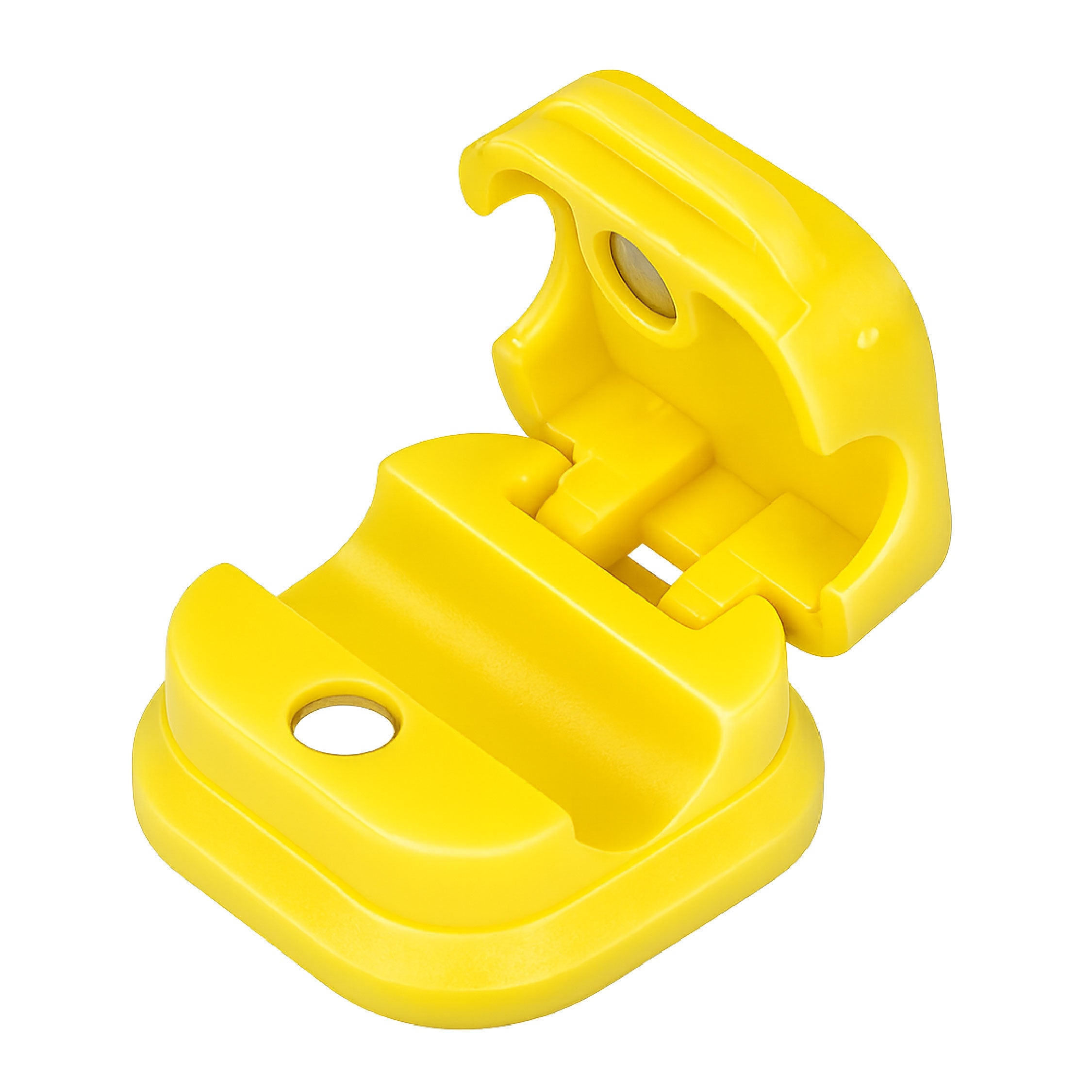 Open view of DOMIRA Yellow magnetic
cable holder clip showing magnetic
opening mechanism for easy cable
insertion and removal.