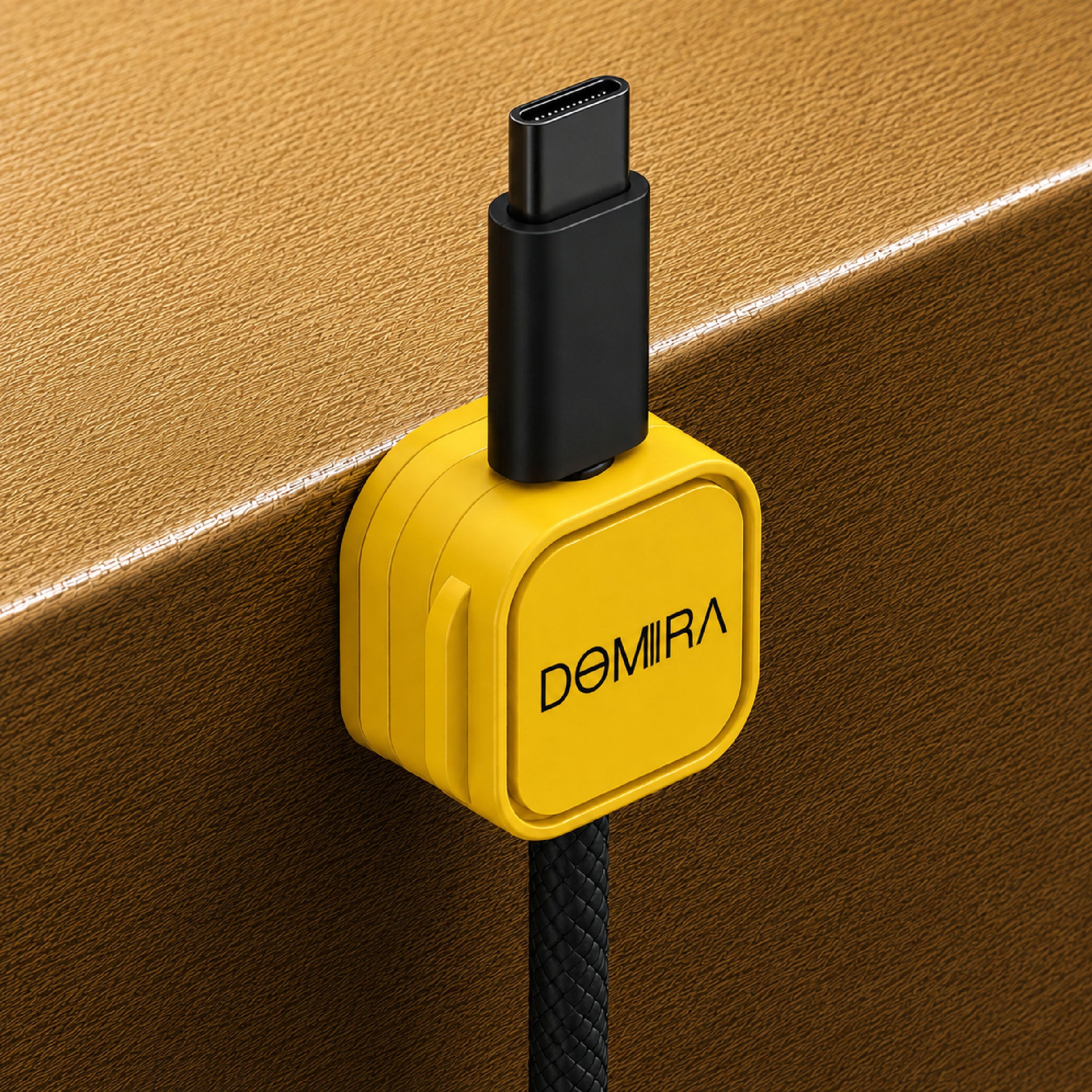 Yellow magnetic cable clip mounted on
the edge of a desk holding a charging
cable for easy access and cable
organisation.